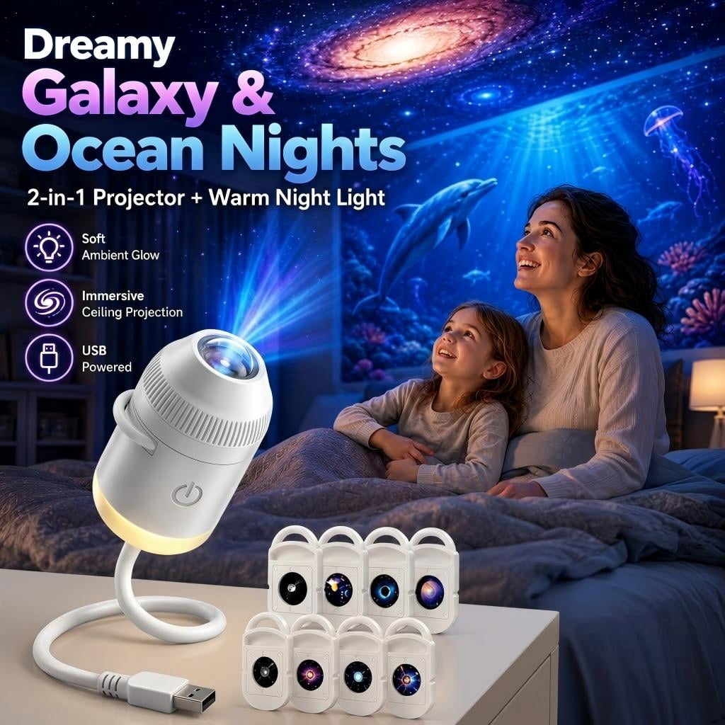 2026 NEW HD Smart Dynamic 5D Holographic Night Light Projector, 2-in-1 Galaxy Star & Ocean Ceiling Projector with 1 HD Films, 360° Flexible USB Powered Ambient Light for Bedroom & Room Decor