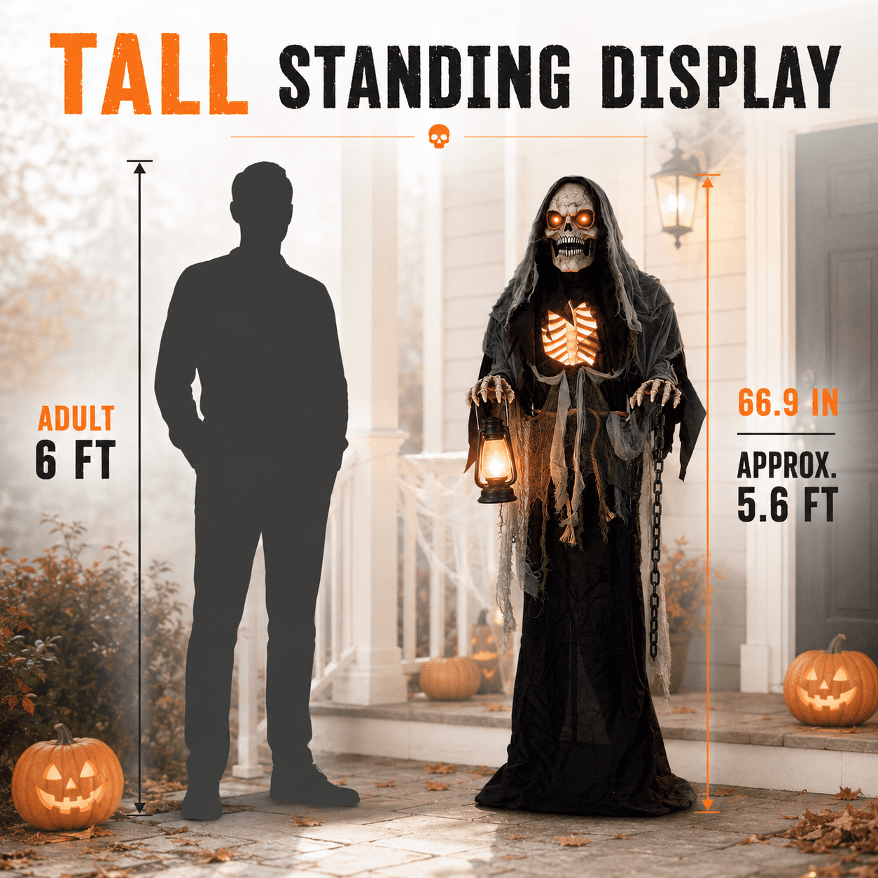 Romswi Halloween Decorations 5.5ft Standing Grim Reaper Animated with Light Up Eyes and Sound-Activated for Spooky Yard Garden Decor