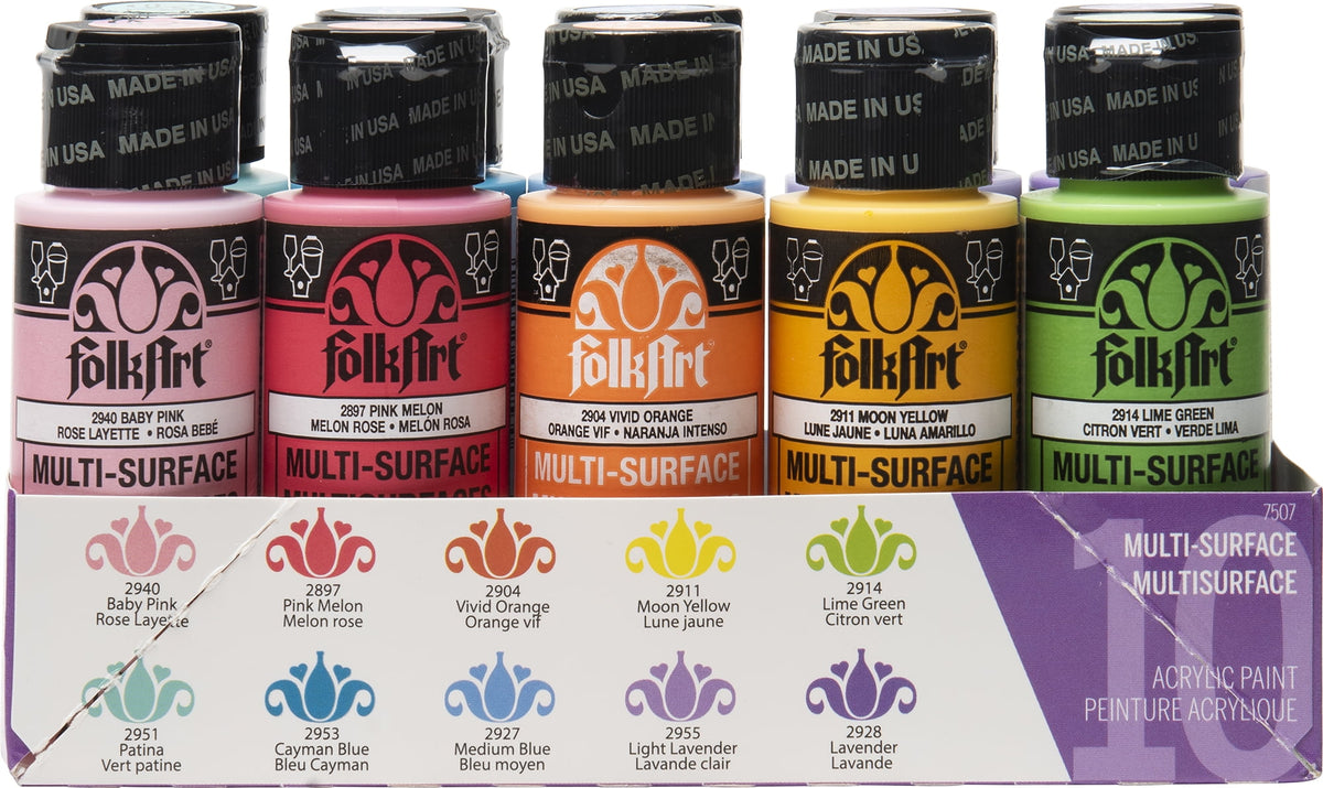 FolkArt 7507E Multi-Surface Acrylic Craft Paint Set, Satin Finish, Bright, Set of 10, 30 fl oz