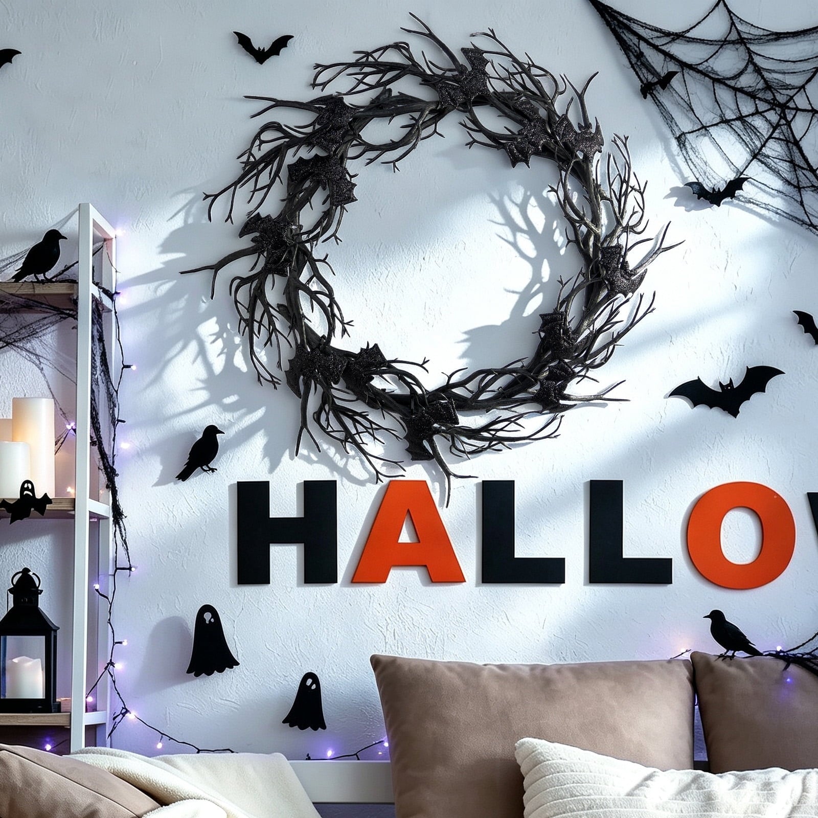 AGCAN Halloween Wreaths for Front Door, 17 Inch Pre-Lit Halloween Wreaths with Bats & Deadwood, Halloween Decorations for Door,Porch,Window,Indoor and Outdoor Decor