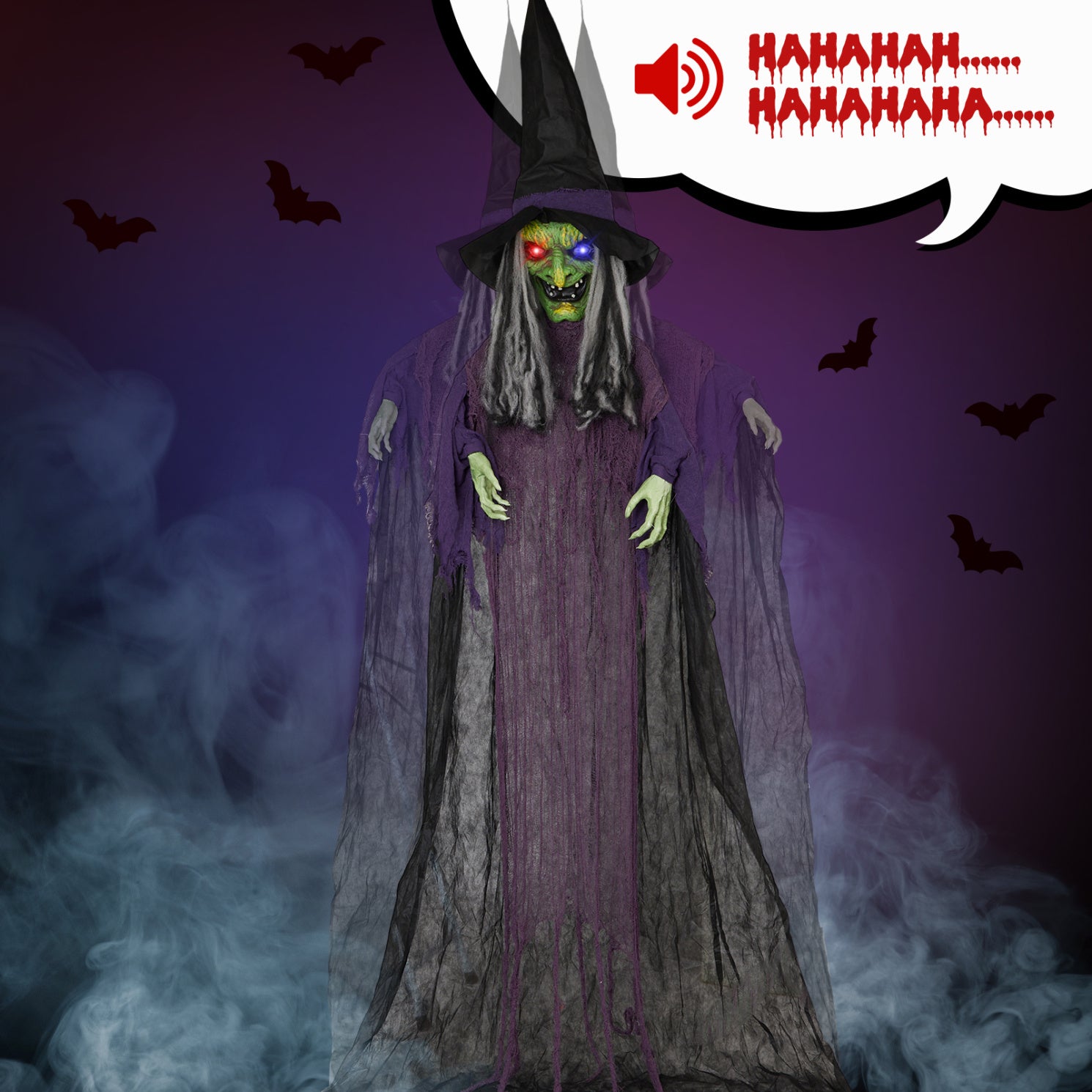 11.8ft Halloween Animatronics Hanging Witch Outdoor Decoration, Sound Animated Talking Witch with Light-up Eyes for Haunted House Prop Décor, Yard Lawn Decorations