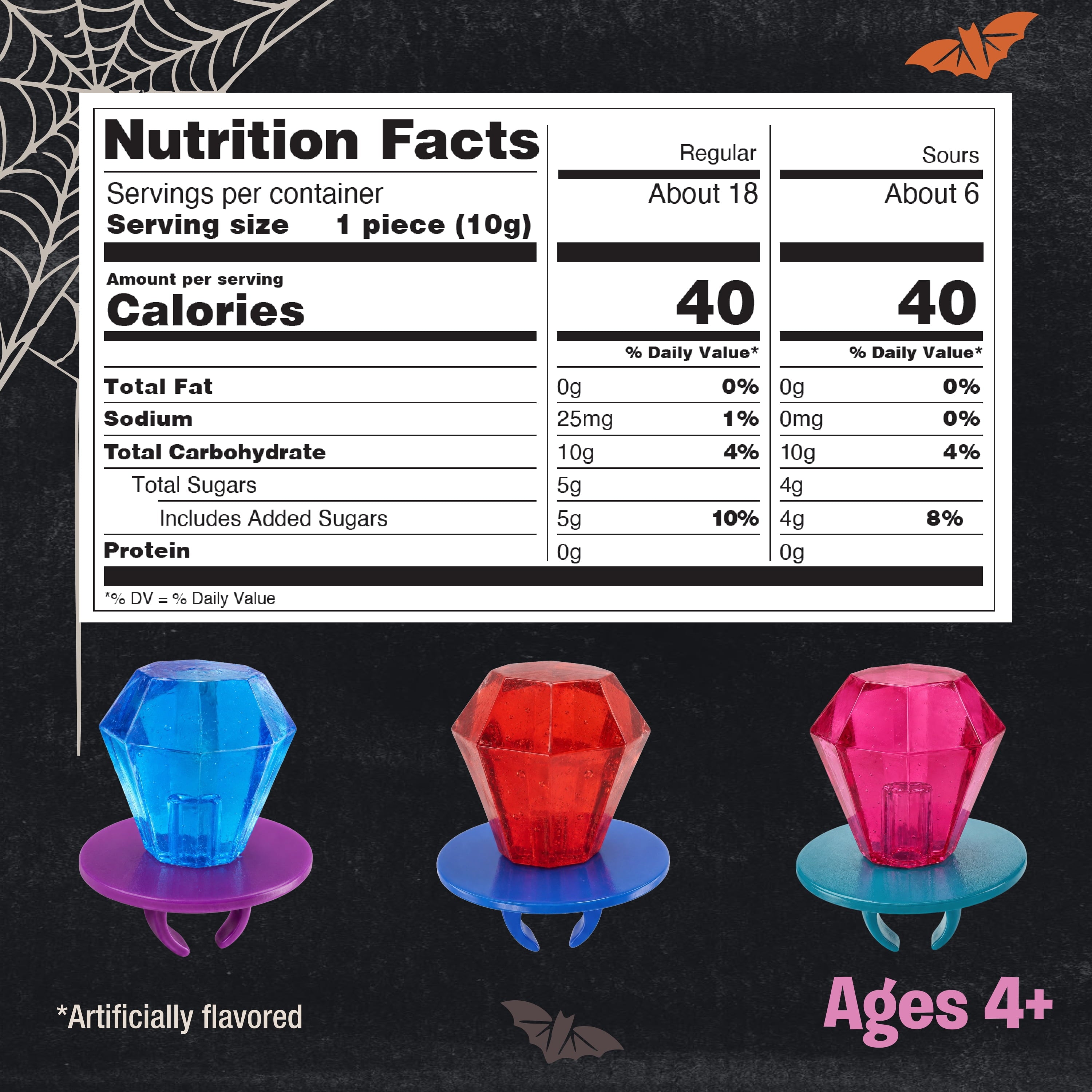 Halloween Ring Pop, Assorted Flavor Lollipops, Display Tray, 8.4 oz, 24 Count Box