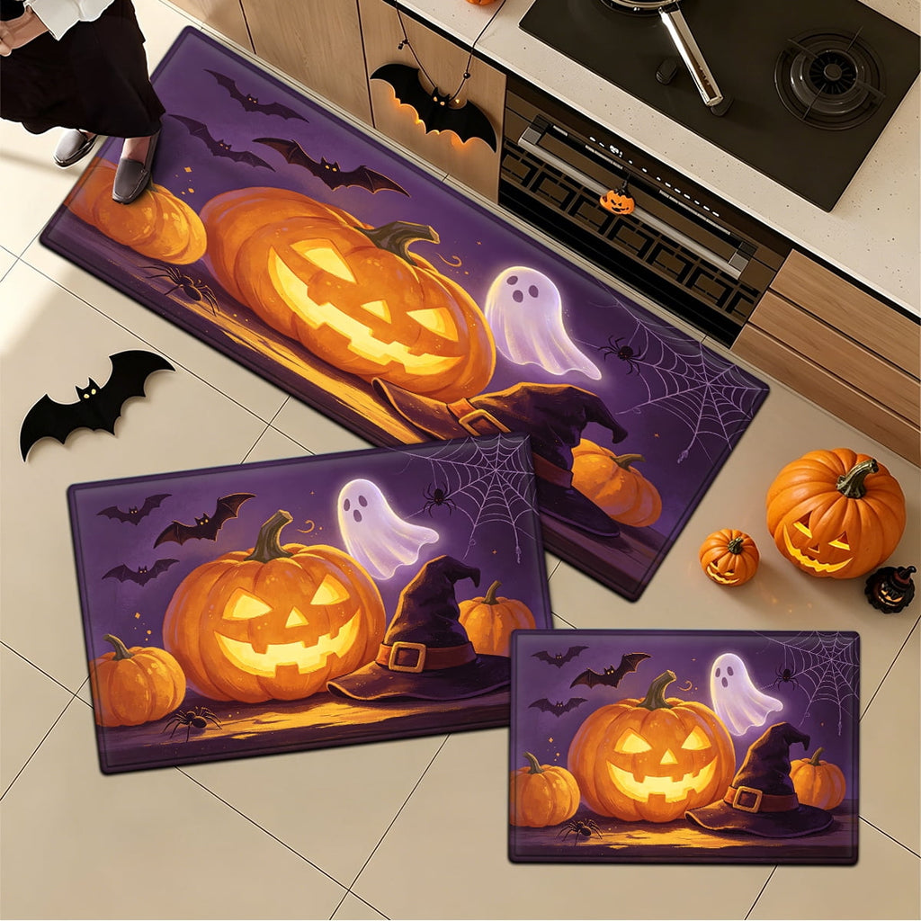YIMEIS Halloween Pumpkin Lantern 3Pcs Flannel Mat & Kitchen Rugs Set,16''×24'' 20''×30'' 17''×47'' Inches,Soft Non-slip for Home Bathroom