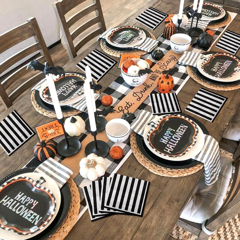 100 Pcs Black and White Striped Napkins, Black and White Party Supplies Black and White Paper Napkin Lunch Napkin for Halloween Party Birthday Baby Shower Wedding