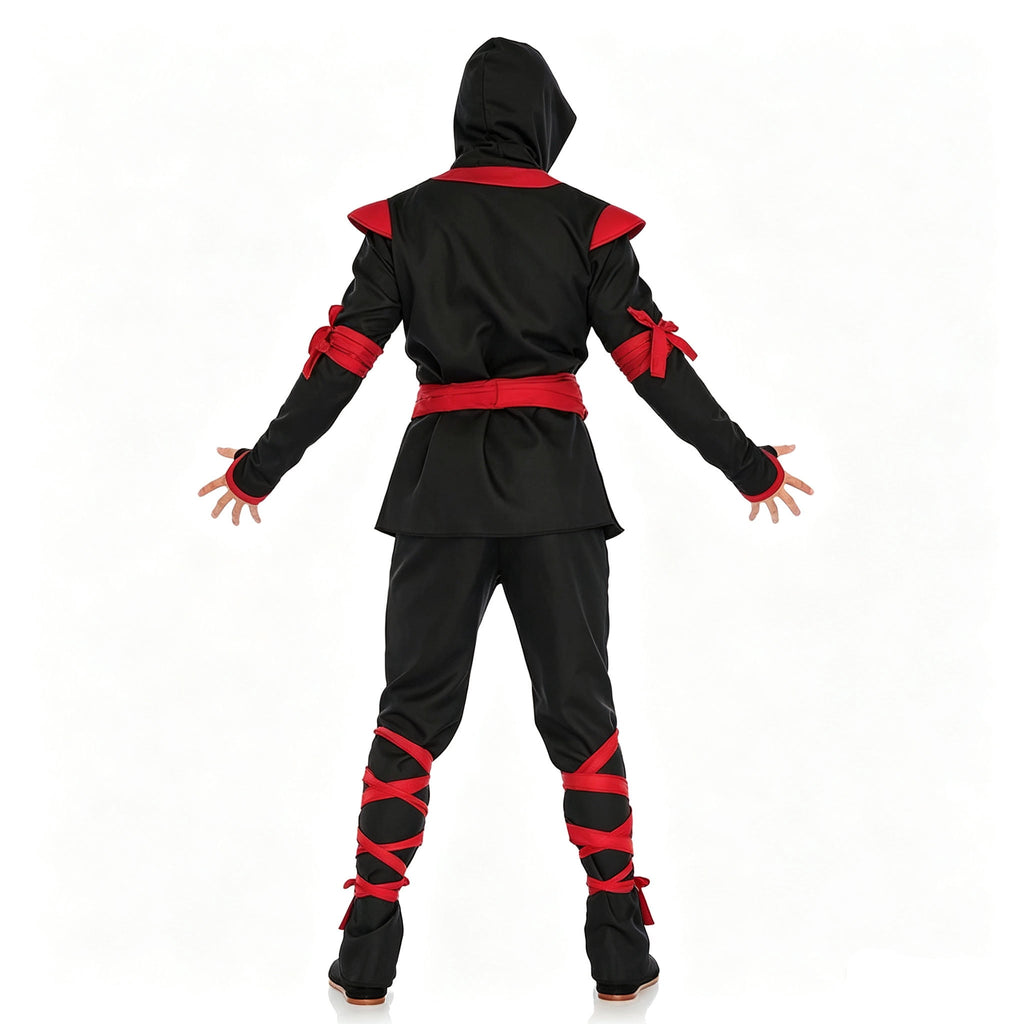 Men Ninja Costume Outfit, Complete Black‑Red Ninja Hooded Suit with Face Mask for Adult, Halloween Cosplay Theme Party Fancy Dress for Men