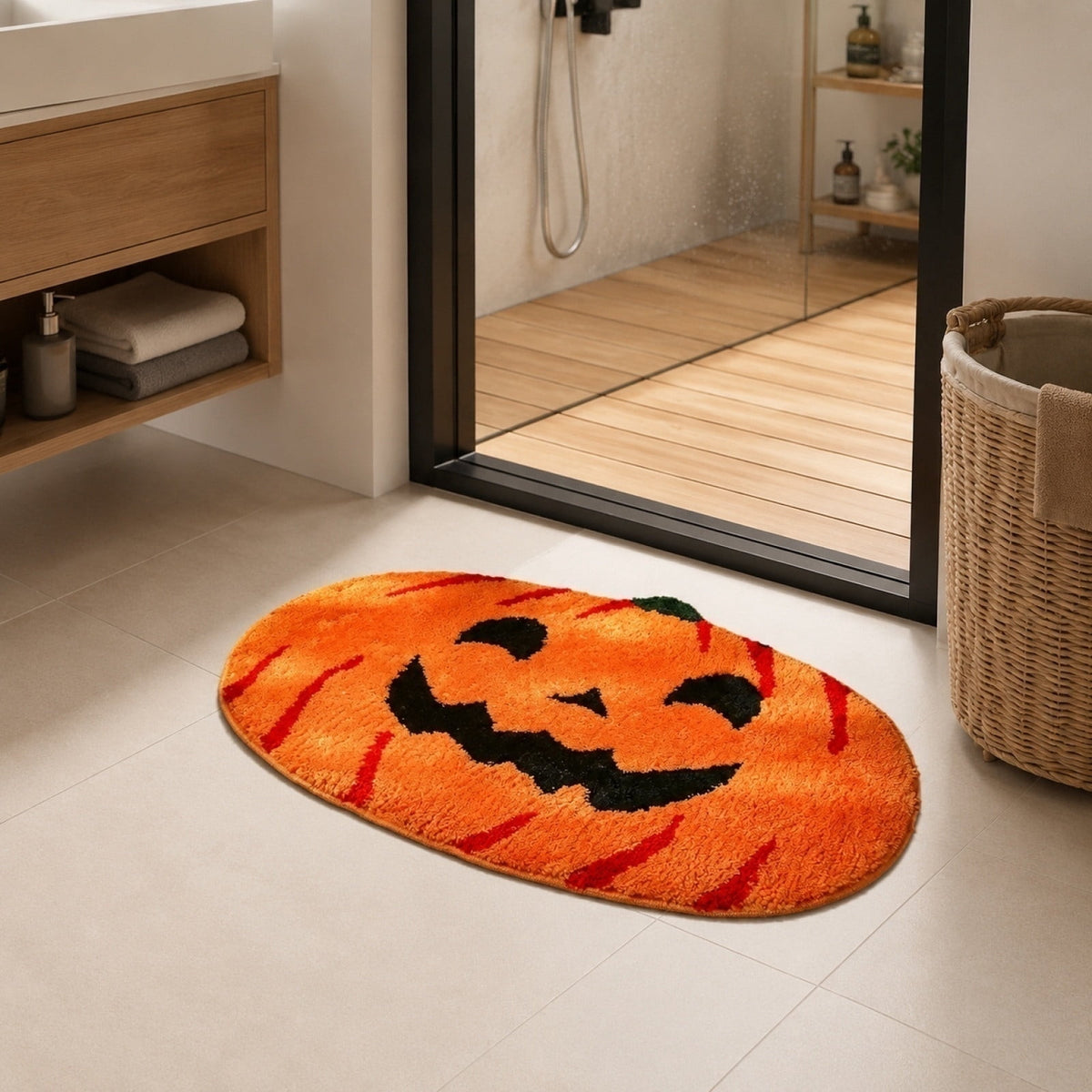 Liamobondopolis Halloween Floor Mat Jack O Lantern Shaped Tufted Non Slip Rubber Back Halloween Decor for Bathroom Entryway Halloween Party Decorations 23.62In X 15.75In
