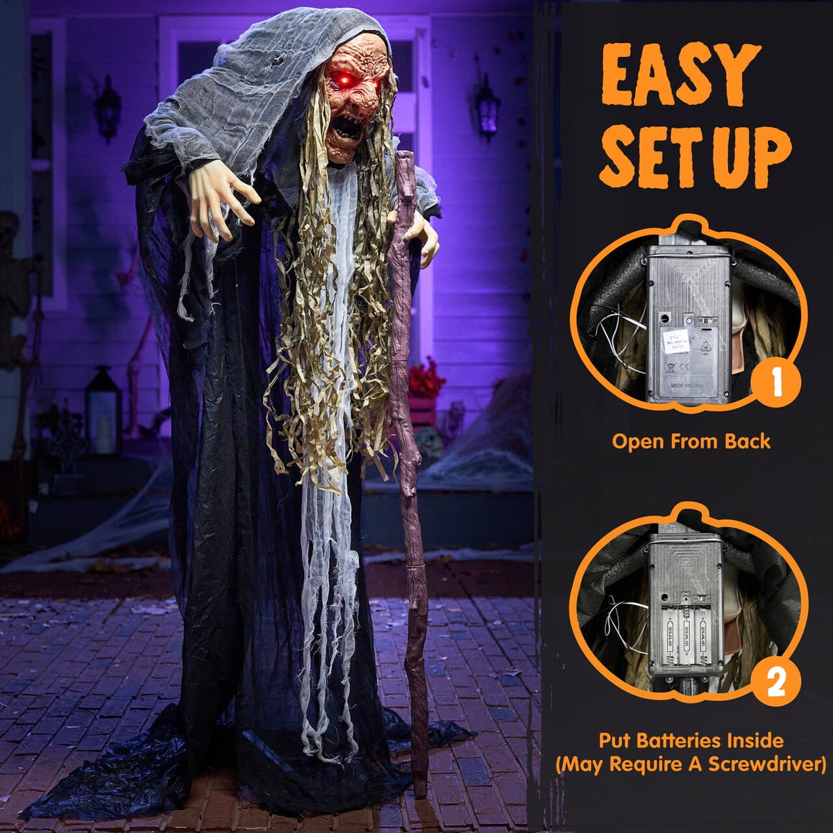 Joyfy 62"Halloween Standing Hunchback Witch with Light, Animatronics Large Halloween Decorations Outdoor, Radar Motion Activated with Creepy Sound & Eyes and Moving Head for Yard Garden Haunted Hous