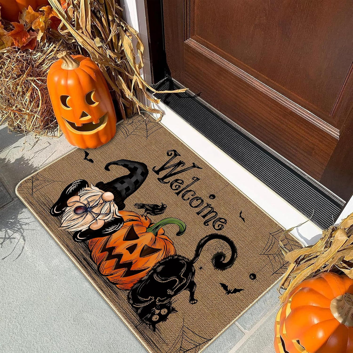 NIETEIN Halloween Door Mat Pumpkin Cat Gnomes Non-Slip Washable 31.5x19.7 Inch (Black Cat Pumpkin Dwarf)