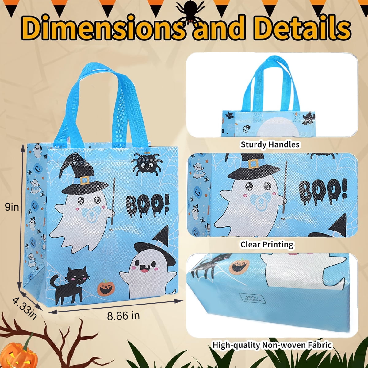 12 Packs Halloween Trick or Treat Bags, Reusable Non-Woven Gift Tote With Handles, Goodie Bags for Party Supplies, 9.06*8.66*4.33