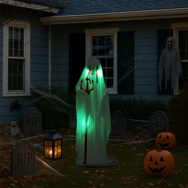 Alvantor Halloween Animated Decorations - 4.3 FT Sound-Activated Ghost with Trident, Green LED Lights and Creepy Sounds