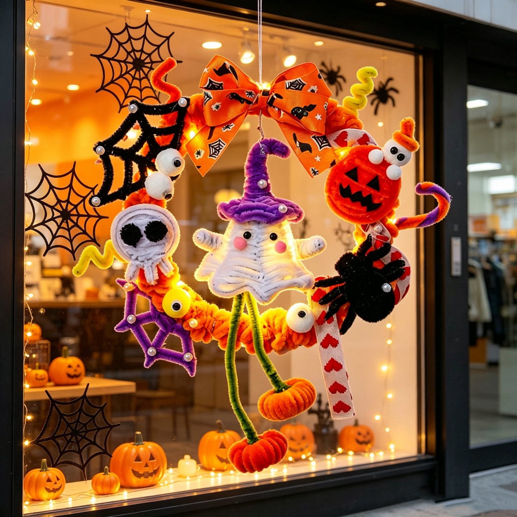 WWC Halloween Wreath, Orange LED Pumpkin and Bats Wreath, Gothic Halloween Decorations Wreath for Front Door, Indoor Outdoor Party Decor