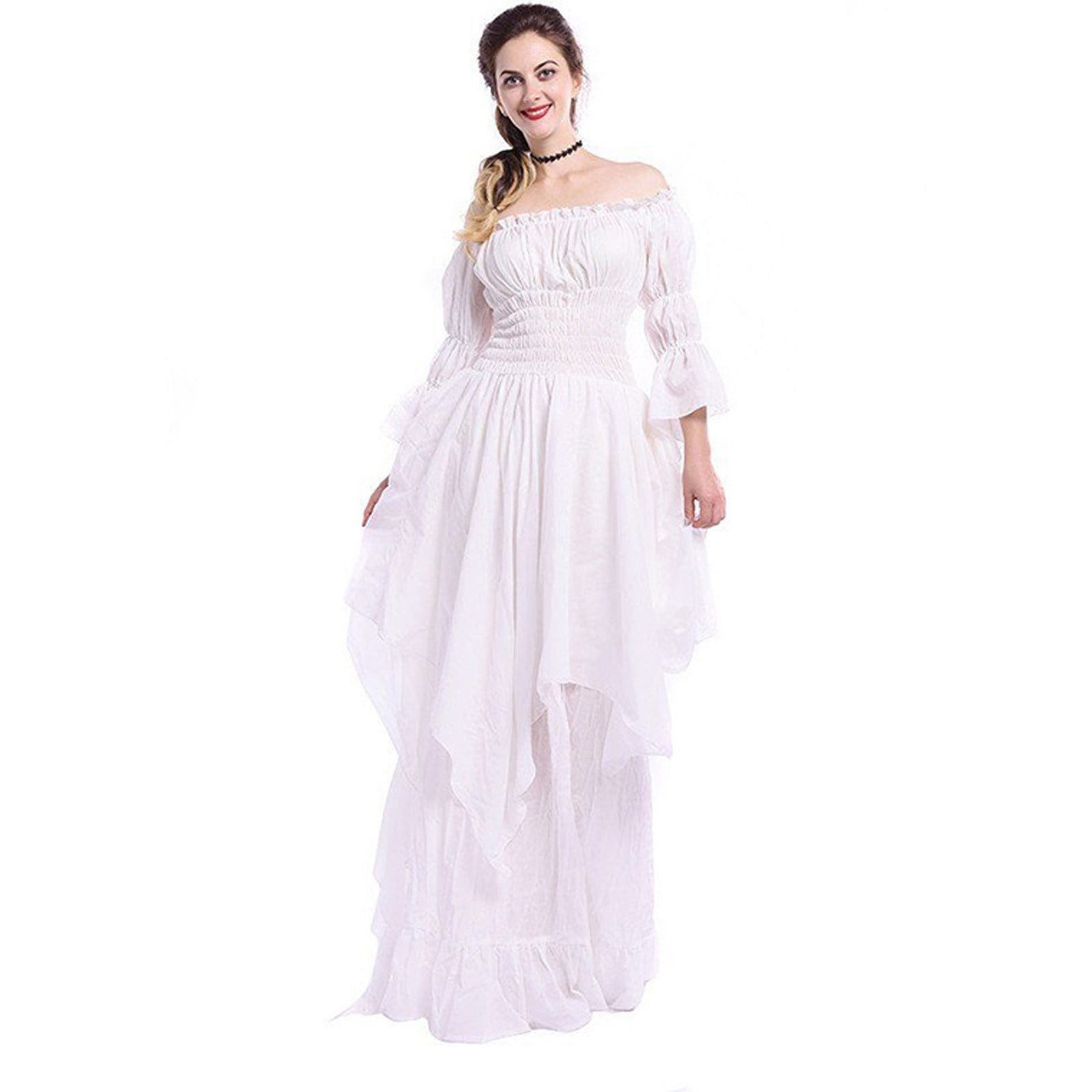 Hvyesh Victorian Dress, Renaissance Costume Women Off Shoulder Long Bell Sleeve High Low Dress Medieval Dresses Peasant Gothic Fairy Witch Dress