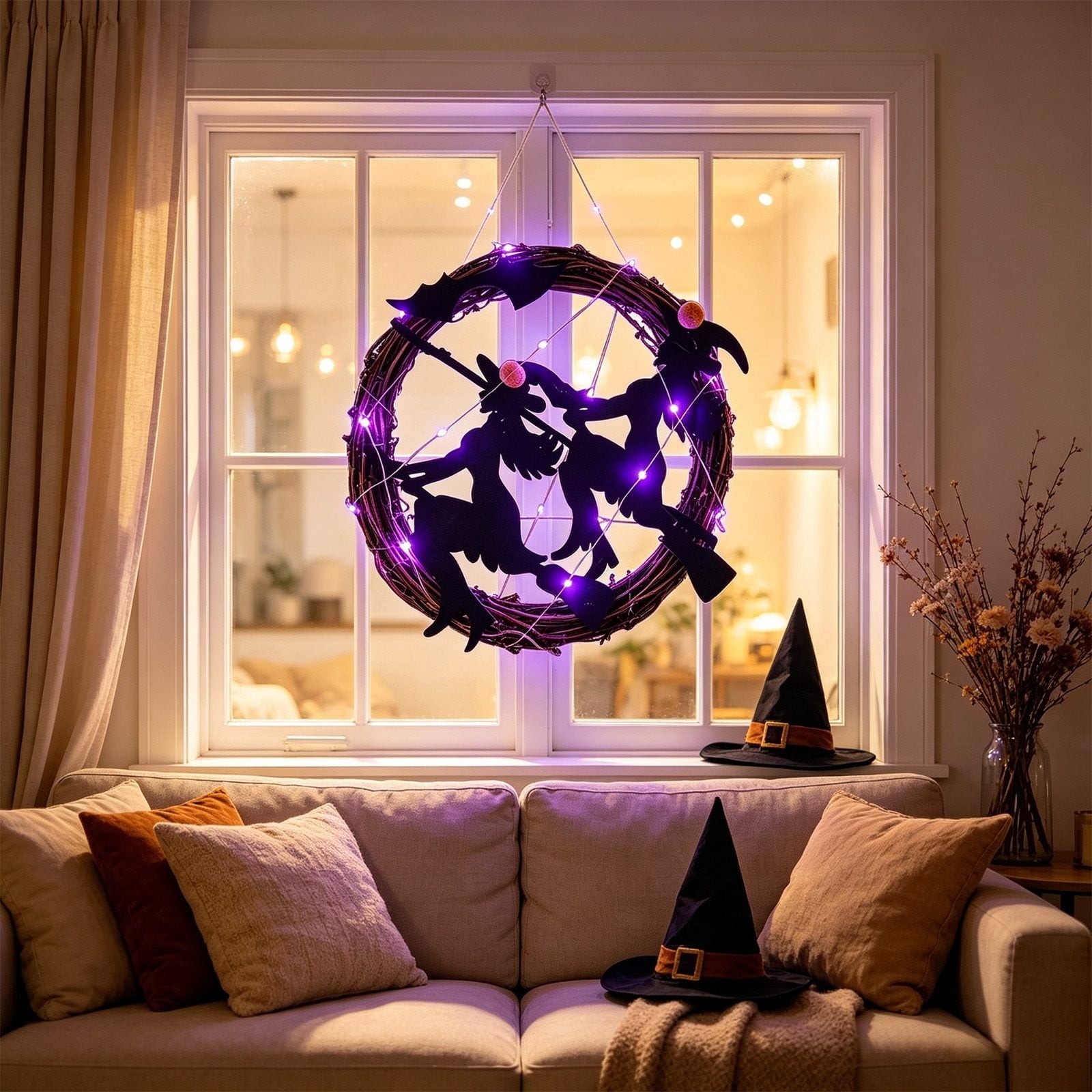 WWC Halloween Wreath, Orange LED Pumpkin and Bats Wreath, Gothic Halloween Decorations Wreath for Front Door, Indoor Outdoor Party Decor