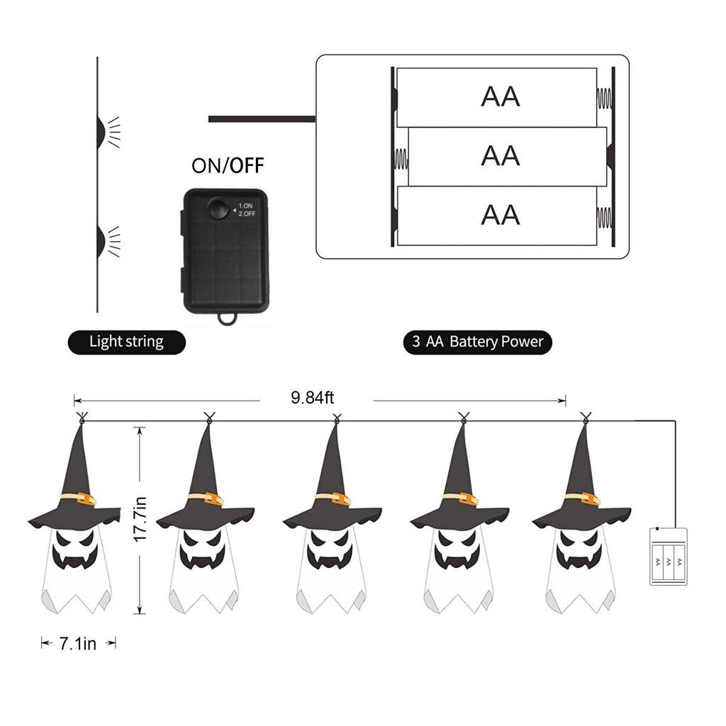 Deago Halloween Lights 9.8ft Battery Operated Ghost Witch Hat 5 LED String Lights Halloween Decoration for Indoor Outdoor Home Party Halloween Decor, White