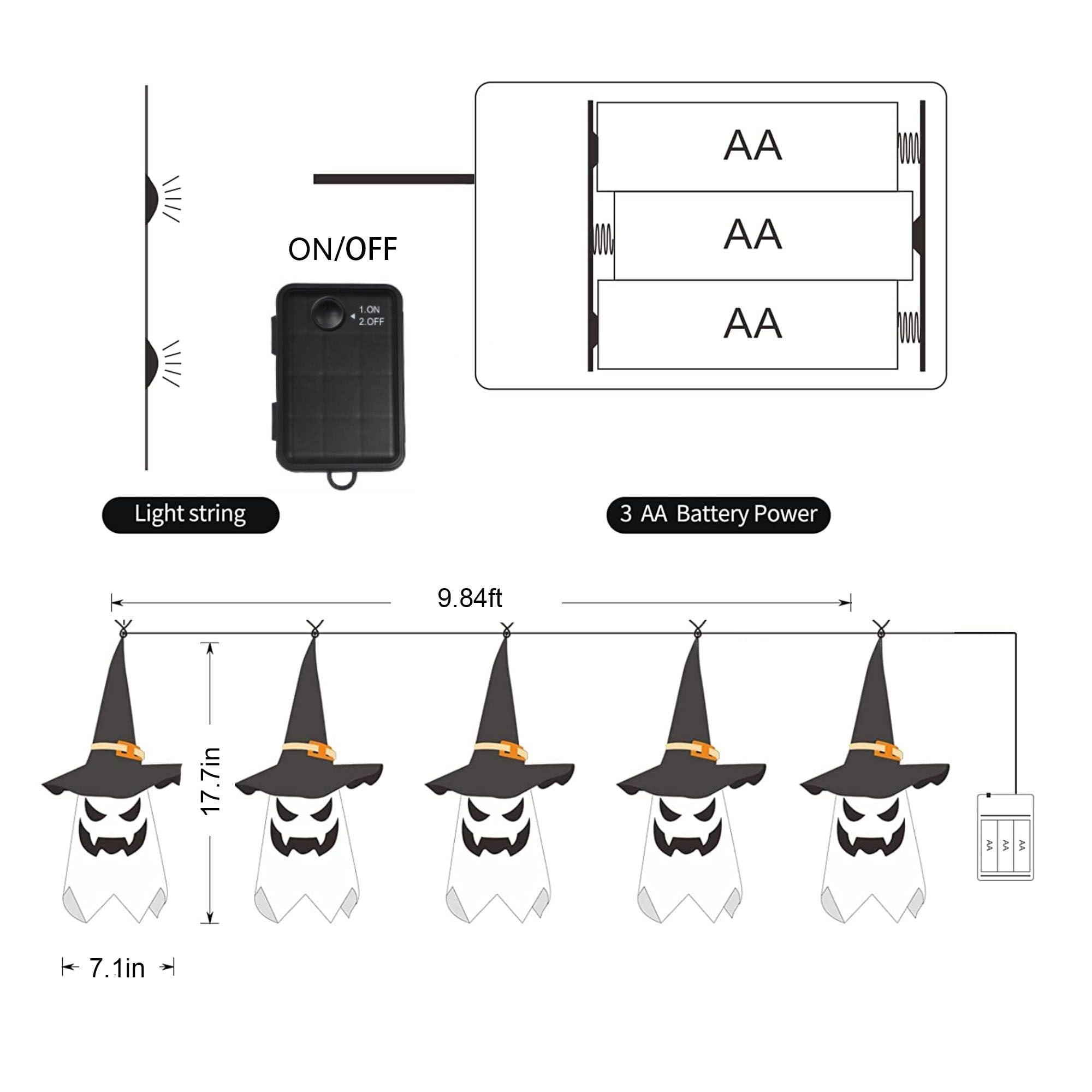 Deago Halloween Lights 9.8ft Battery Operated Ghost Witch Hat 5 LED String Lights Halloween Decoration for Indoor Outdoor Home Party Halloween Decor, White