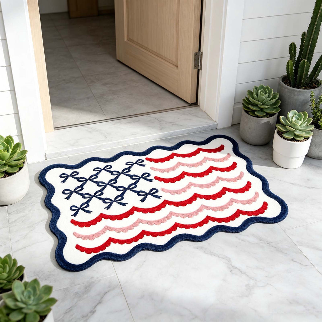 Patriotic Door Mat 4th of July Bow Flag Floor Doormats Independence Day Star Welcome Non Slip Mats for Front Porch Decor 16*24in Black