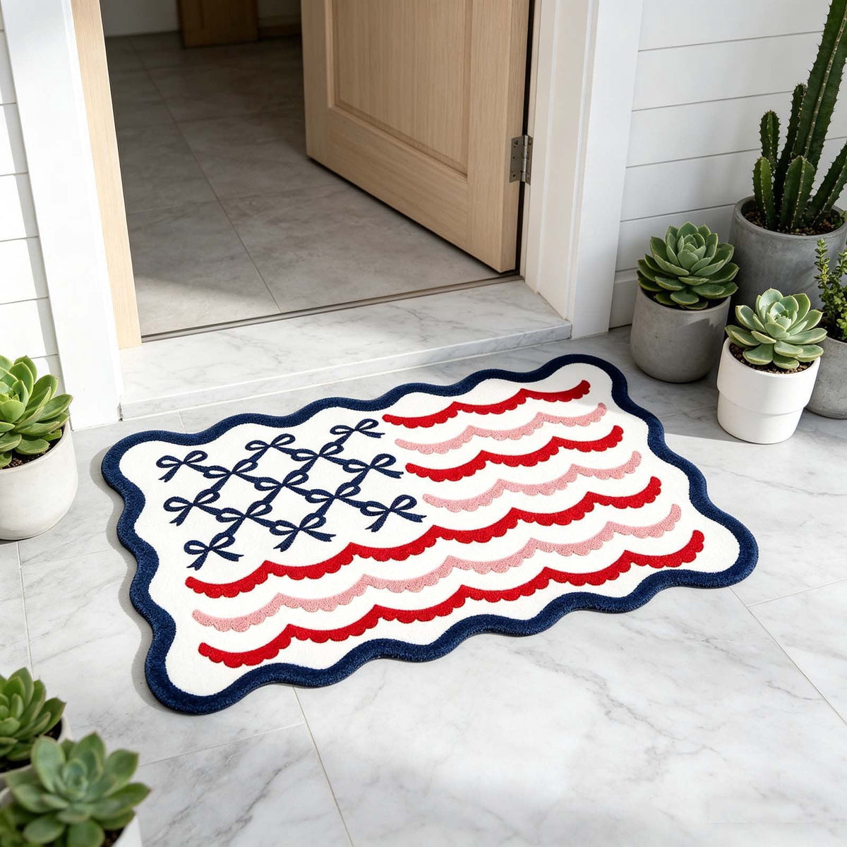 Patriotic Door Mat 4th of July Bow Flag Floor Doormats Independence Day Star Welcome Non Slip Mats for Front Porch Decor 16*24in Black