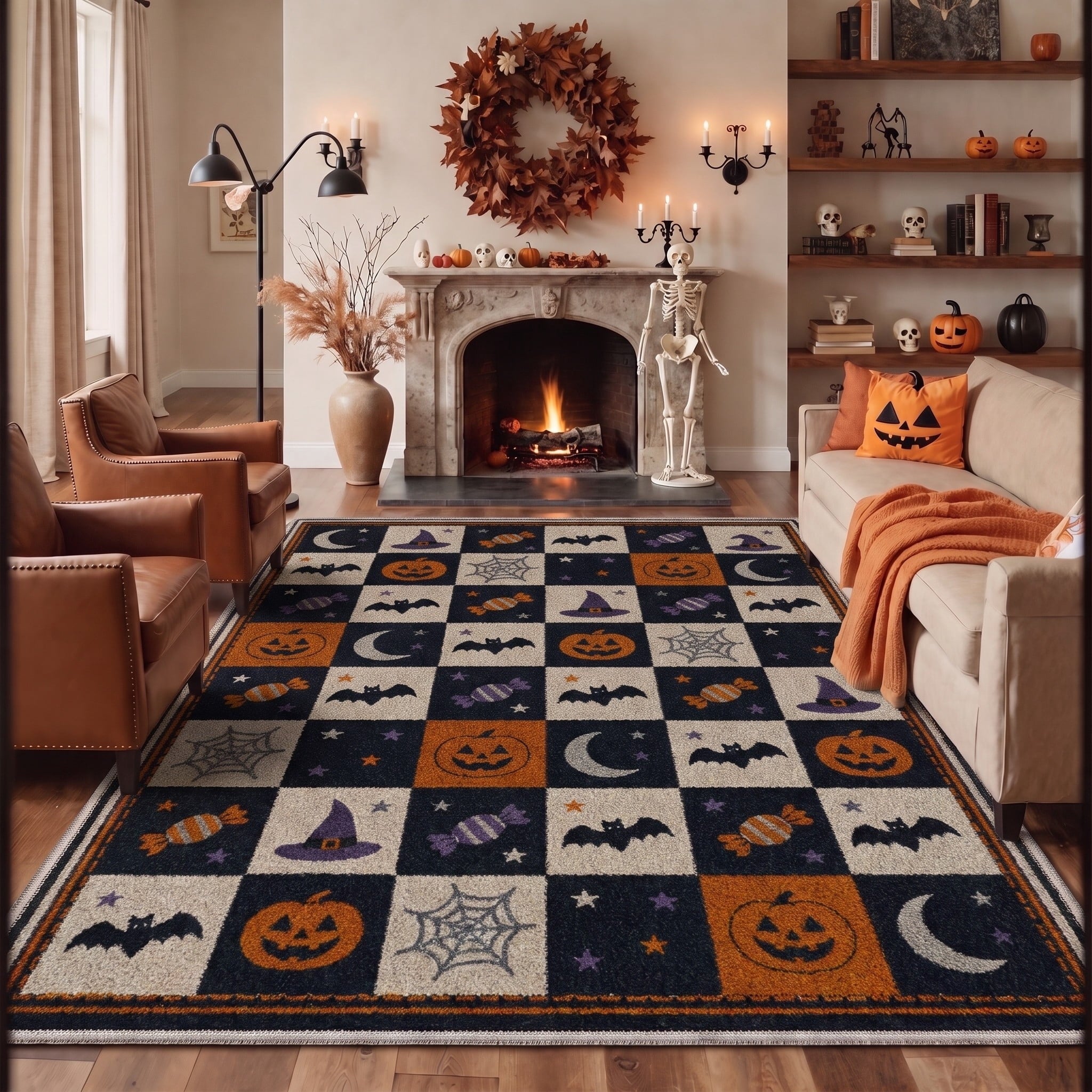 GENIMO 2'x7' Halloween Runner Rug, Washable Non Slip Soft Vintage Witch Indoor Outdoor Hallway Runner for Porch Patio Kitchen Entryway, Retro Sepia