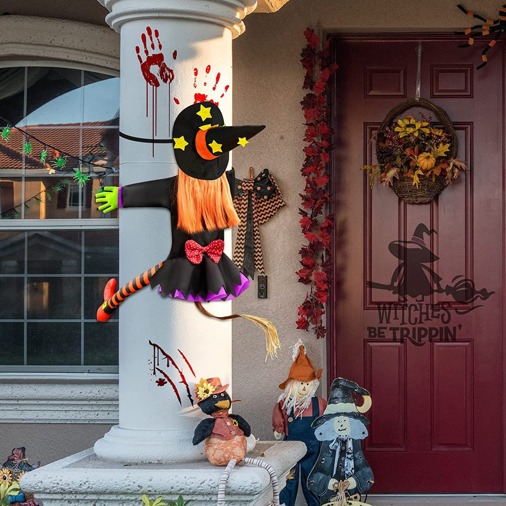 DAKIMOE Halloween Decoration Outdoor Witches Crashing Into Tree with Colorful LED Lights Crashed Witch Props Halloween Hanging Decorations for Indoor House Outdoor Yard Patio Decor 44''x33'' Orange