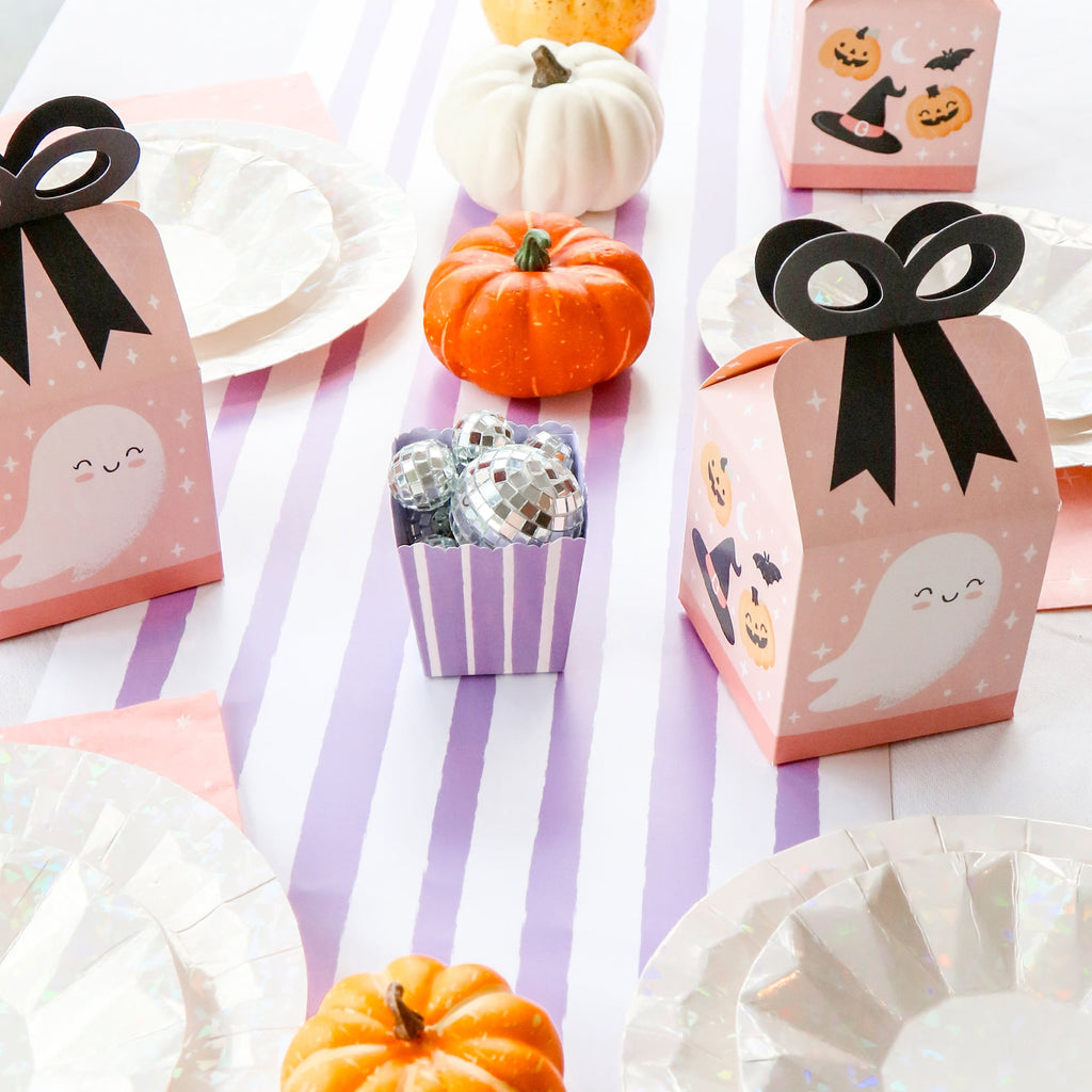 Big Dot of Happiness Pastel Halloween - Square Favor Gift Boxes - Pink Pumpkin Party Bow Boxes - Set of 12