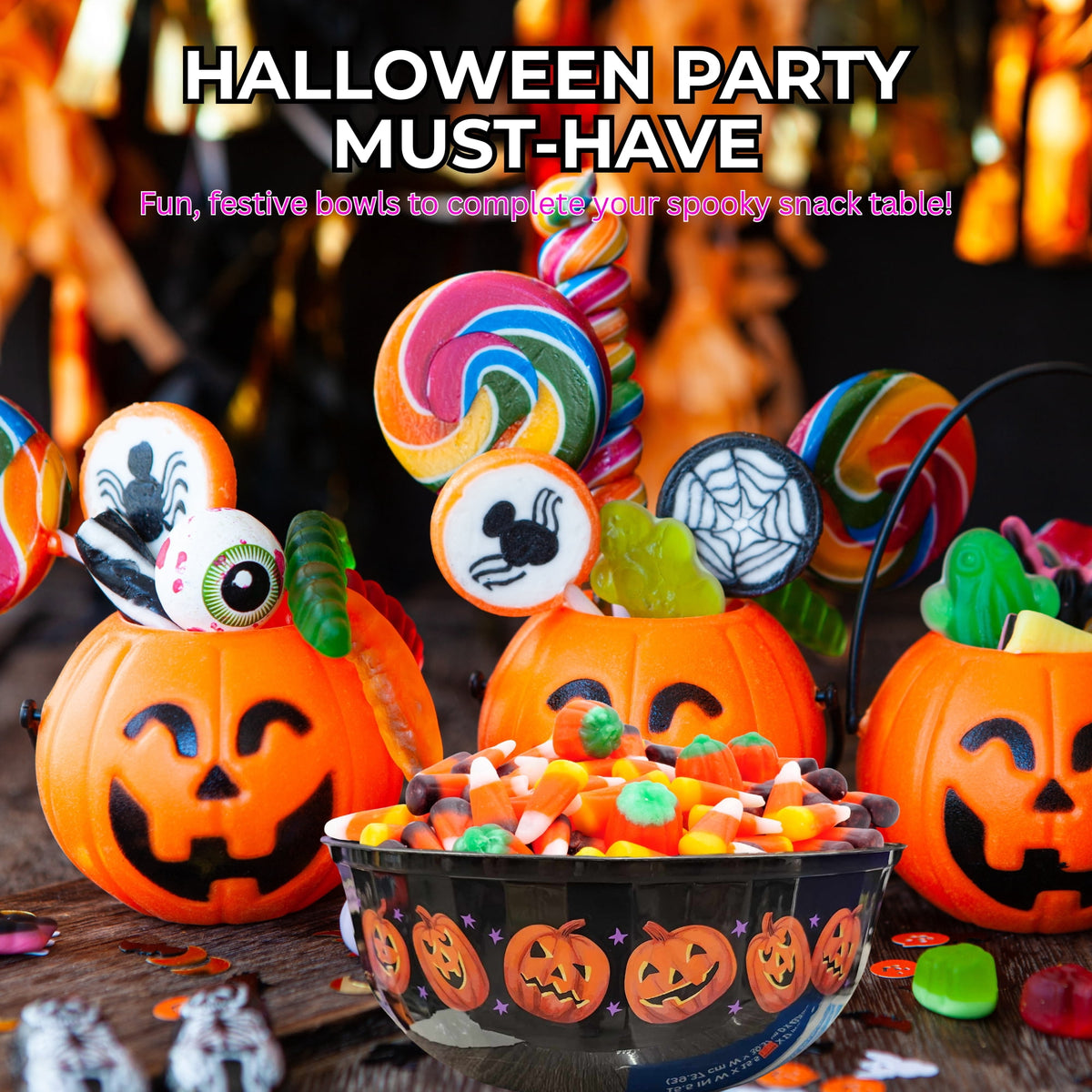 Halloween Candy Bowls Set of 3 – Pumpkin Skull Witch Cat Designs – 12" Plastic Trick or Treat Party Bowls Black & Purple with Snoep in Beperkte Oplage