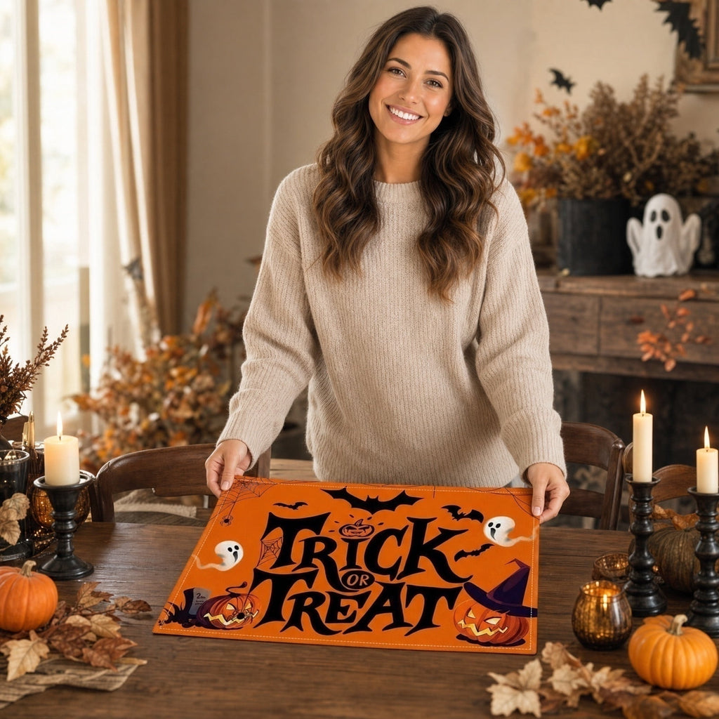 Halloween Pumpkin Placemats Set of 4, 12x18 Inch Pumpkin and Black Cat Table Mat, Washable Heat Resistant Place Mats for Kitchen Dining Table, Spooky Themed Decoration for Home, A