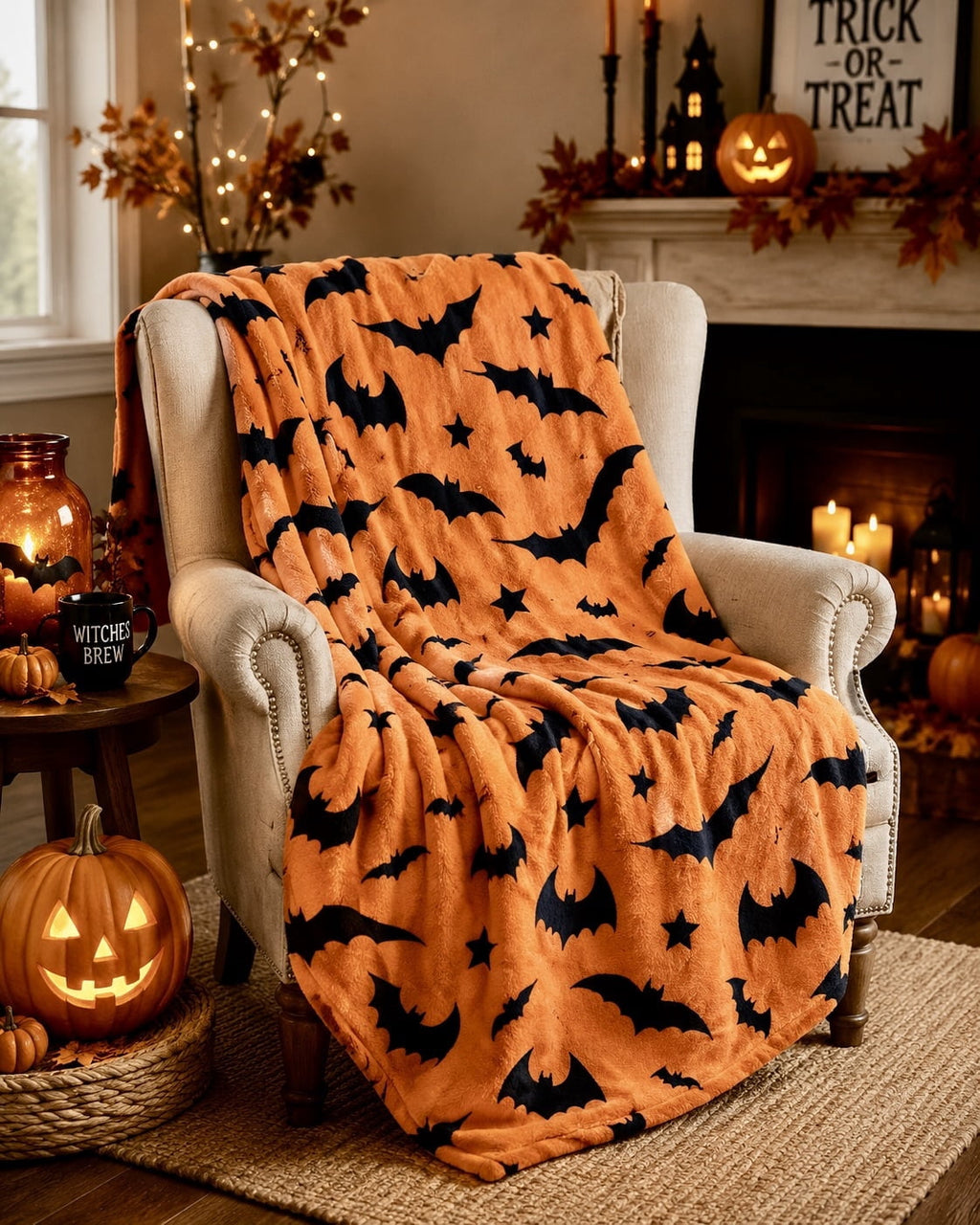 Serafina Home Halloween Throw Blanket: Fuzzy Boo! Jack O'Lantern Spider Webs Skull and Black Cats Print on Velvet Fleece for Sofa Bed Couch Chair Dorm