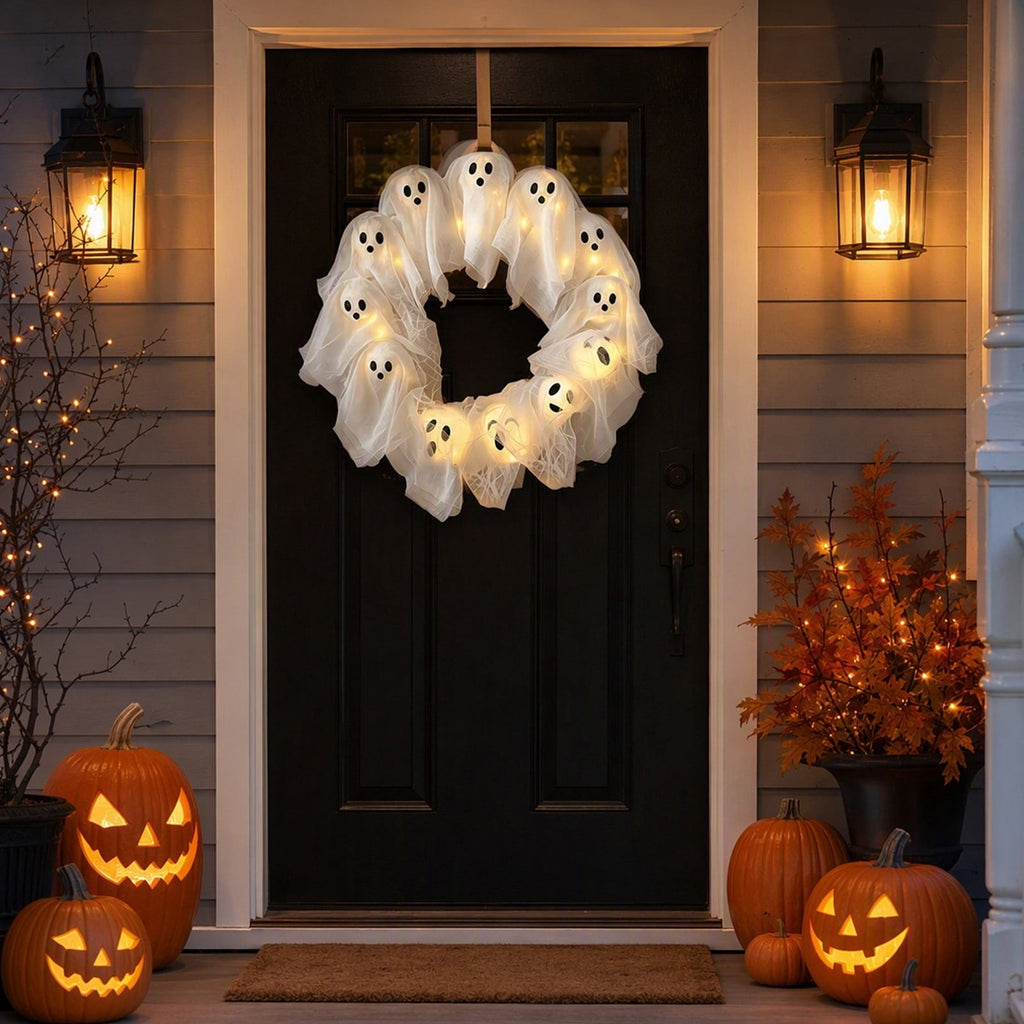 Halloween Glowing Ghost Wreath, Light-up Spooky Wreath with 12 Ghost Decor, RC, 6H Timer, Ideal for Halloween Party (A 12x3inch)