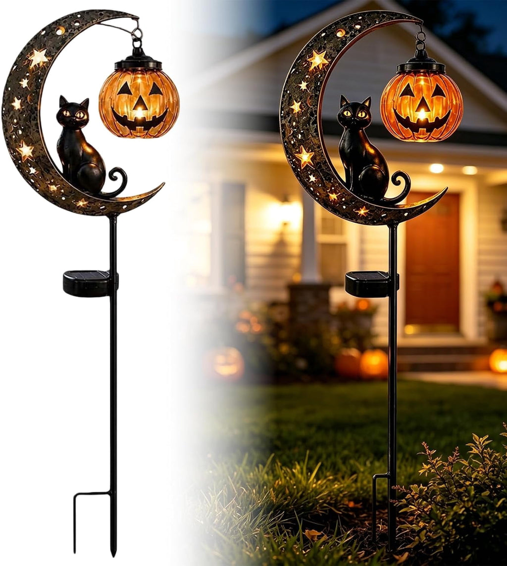 Solar Halloween Black Cat & Pumpkin Moon Garden Stake Light | Waterproof Metal Black Cat Yard Ornament, Auto On Off Solar Outdoor Light, Fall Halloween Decor Stake for Lawn Patio Pathway