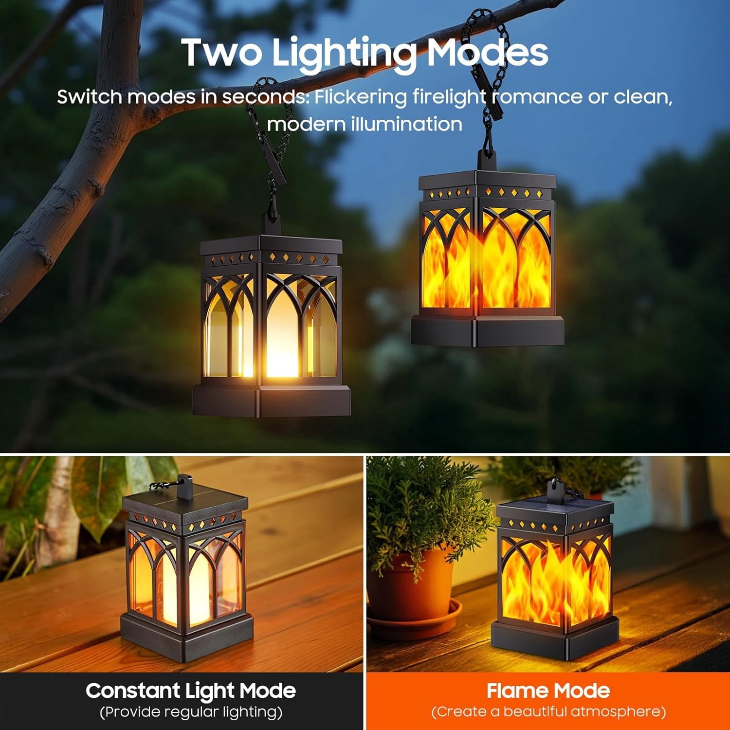 Diigabo 2-Pack Solar Lanterns Outdoor Flickering Flame Waterproof Hanging Lanterns Solar Powered LED for Patio Deck Yard