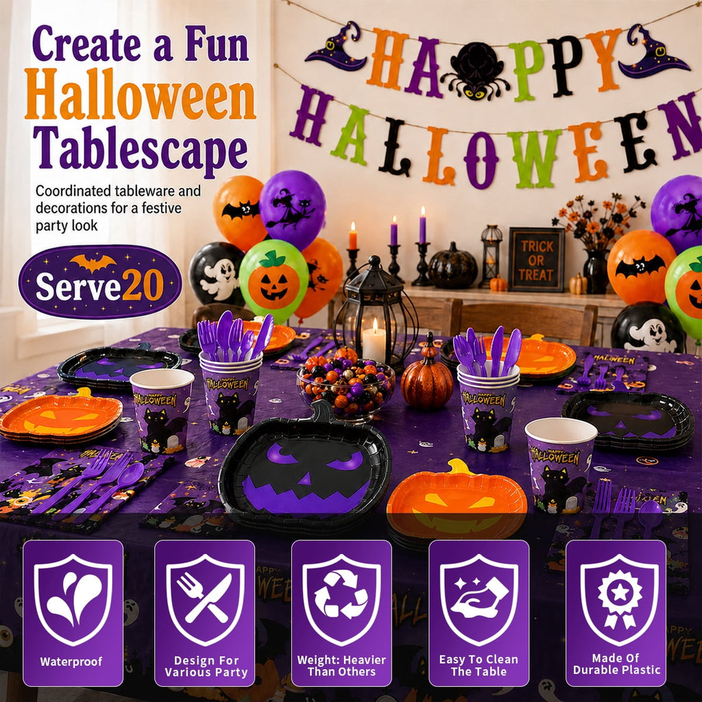 Halloween Paper Plates for Halloween Party Decoration Disposable Cups Napkins Table Cover Balloons Banner for Halloween Birthday Party Supplies Serve 20 Design2