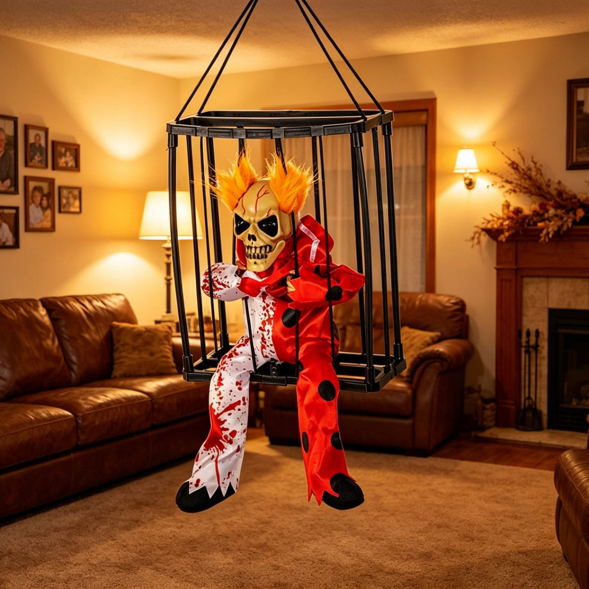 Sahpxhe Halloween Decorations Hanging Ghost Decor, Animated Shaking Caged Skeleton Prisoner with Glowing Red Eyes for Indoor Living Room Party Decor Watermelon Red