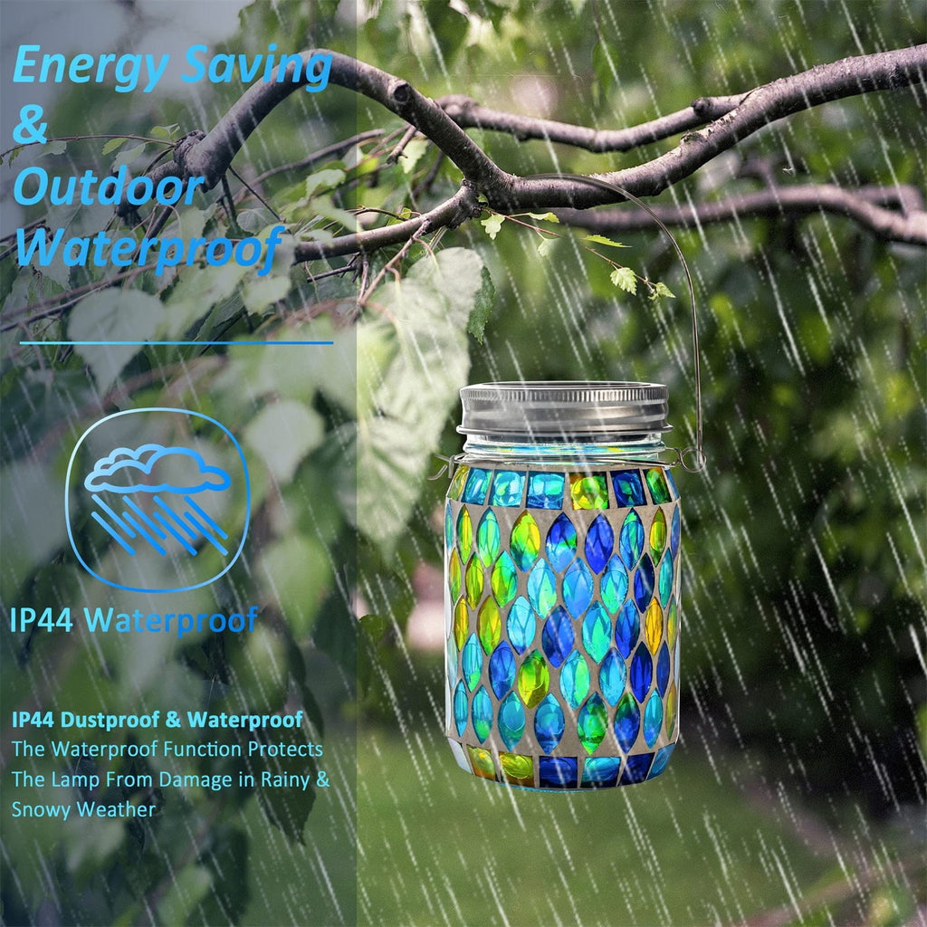 Hanging Solar Lantern,Solar Jar Light,Outdoor Waterproof Mosaic Glass Hanging Solar Lantern for Garden,Decorative Solar Lamp LED Night Light for Backyard(Blue 6*4.5in)