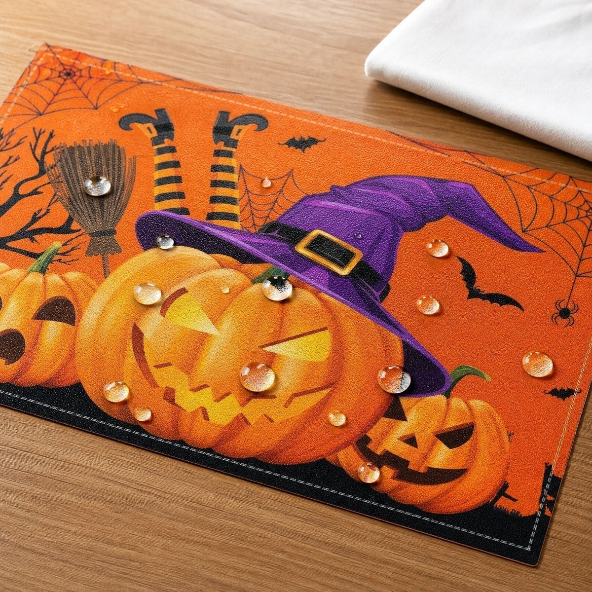 Halloween Pumpkin Placemats Set of 4, 12x18 Inch Pumpkin and Black Cat Table Mat, Washable Heat Resistant Place Mats for Kitchen Dining Table, Spooky Themed Decoration for Home, A