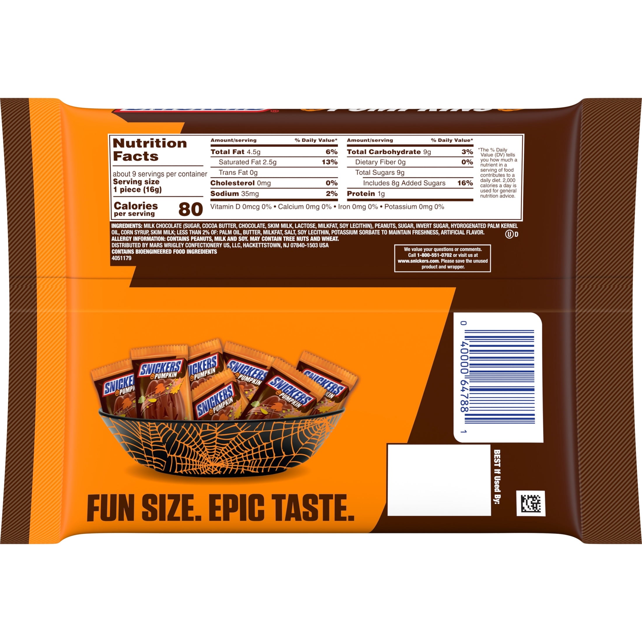 Snickers Pumpkins Fun Size Chocolate Halloween Candy Bars, - 5.5 Oz Pack