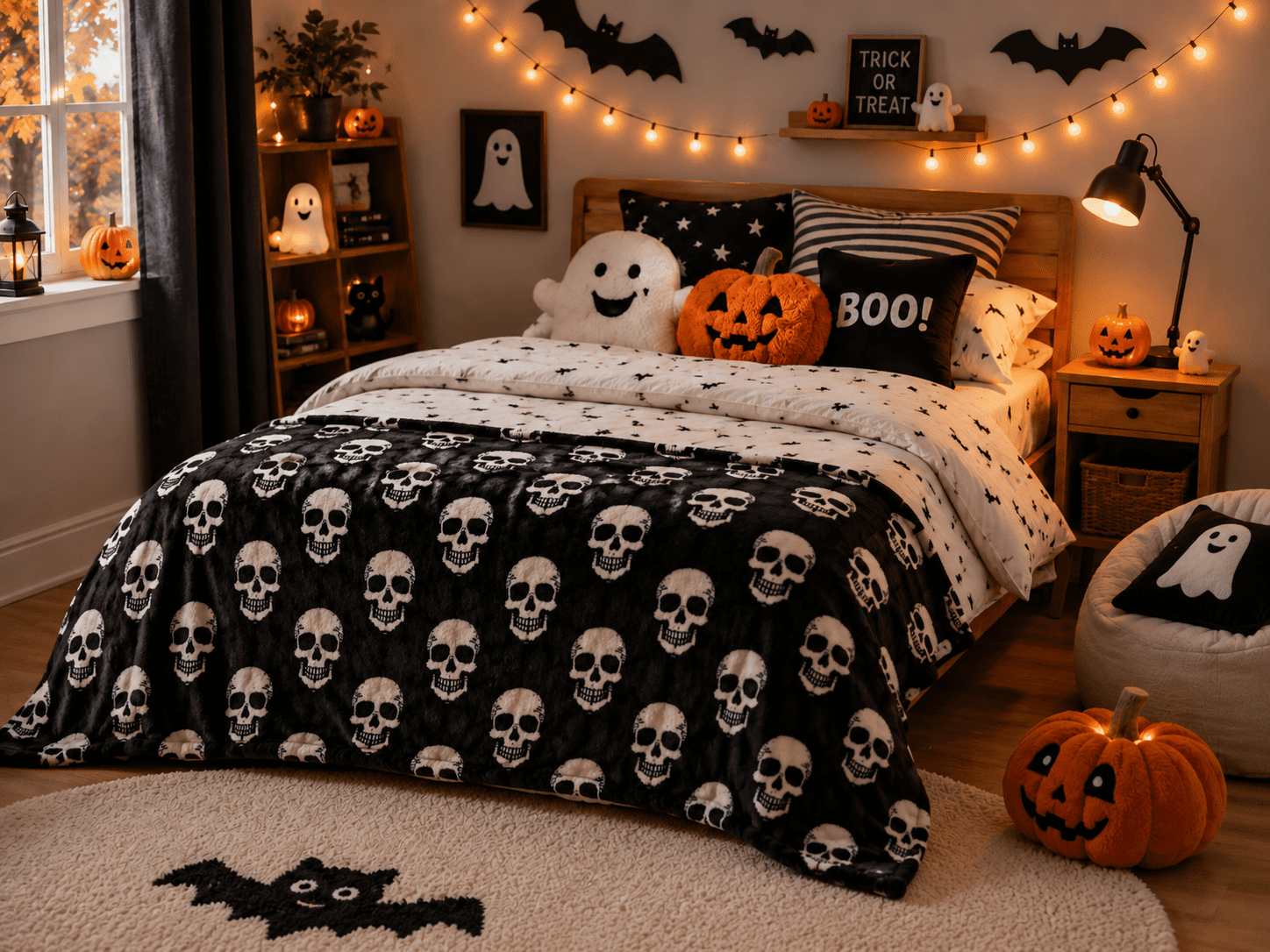 Serafina Home Halloween Throw Blanket: Fuzzy Boo! Jack O'Lantern Spider Webs Skull and Black Cats Print on Velvet Fleece for Sofa Bed Couch Chair Dorm