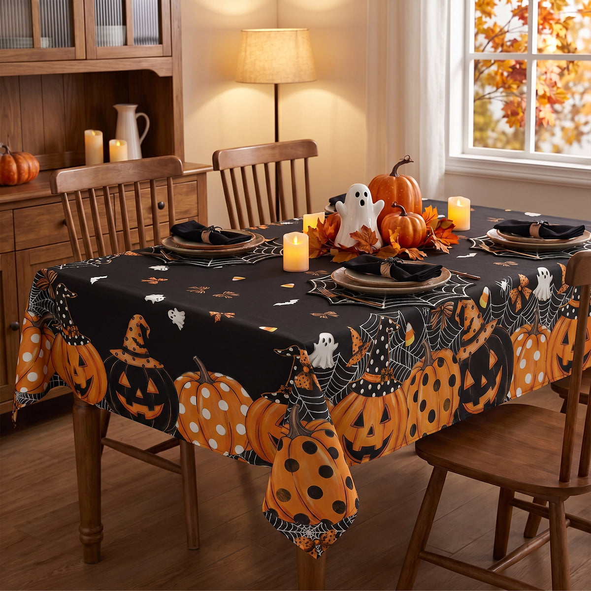 Sm:)e Spooky Ghost Pumpkin Spider Web Halloween Tablecloth 60x84 Inch, Wrinkle-Resistant & Machine Washable Table Cover for Dining Decor, Rectangle