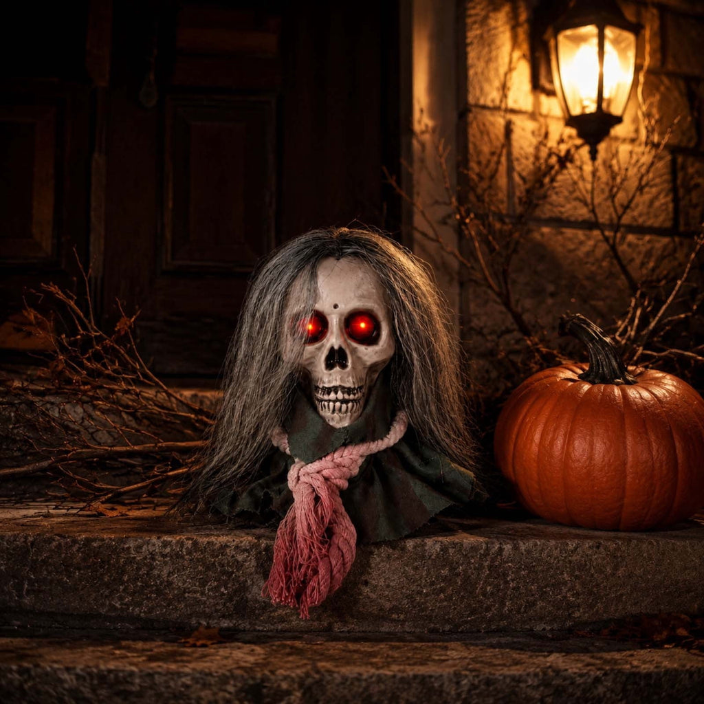 Moving Long Hair Hanging Skull Head Prop, Creepy Animated Halloween Skeleton Decor, Spooky Ornament for House, Party, Indoor Outdoor (Batteries Not Included)
