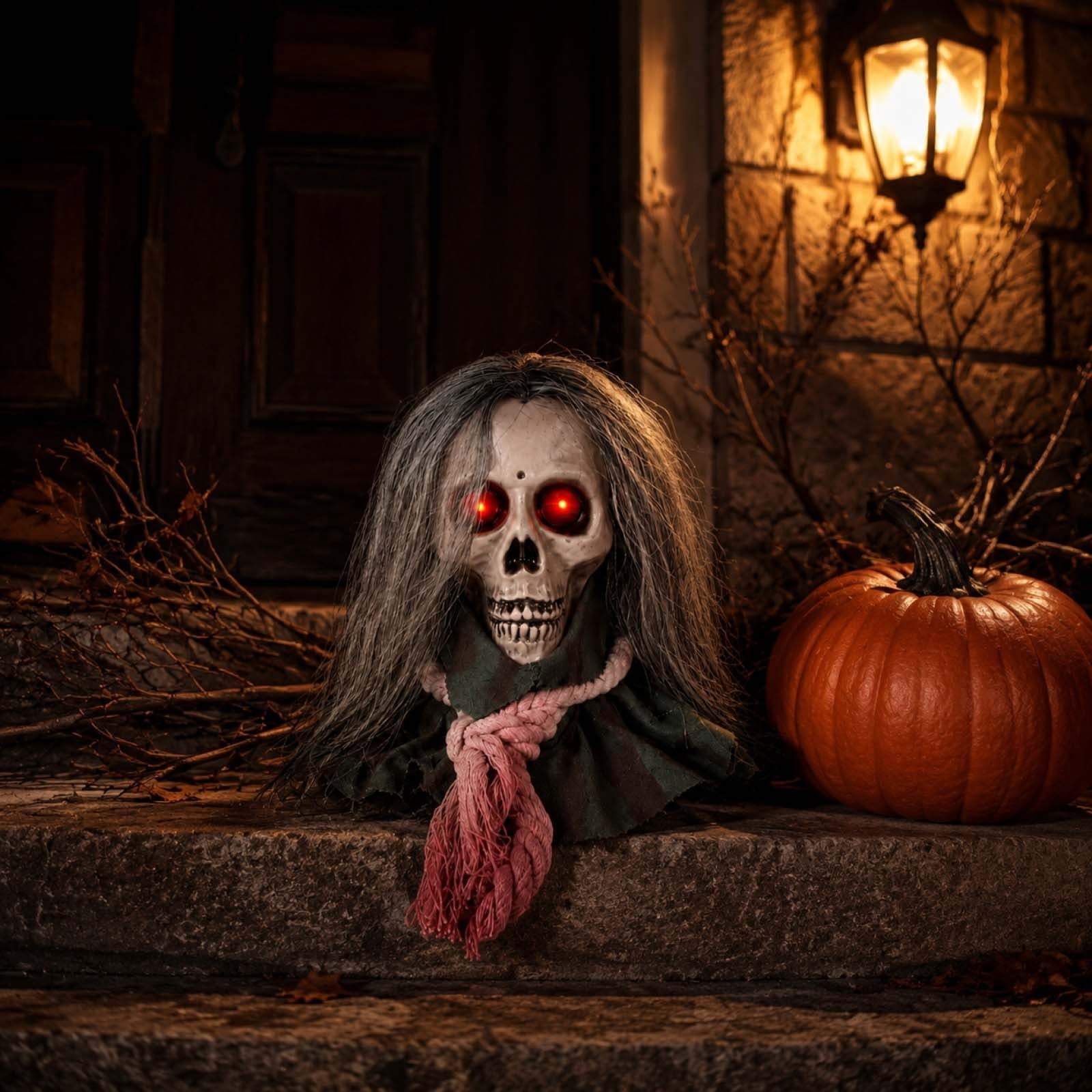 Moving Long Hair Hanging Skull Head Prop, Creepy Animated Halloween Skeleton Decor, Spooky Ornament for House, Party, Indoor Outdoor (Batteries Not Included)