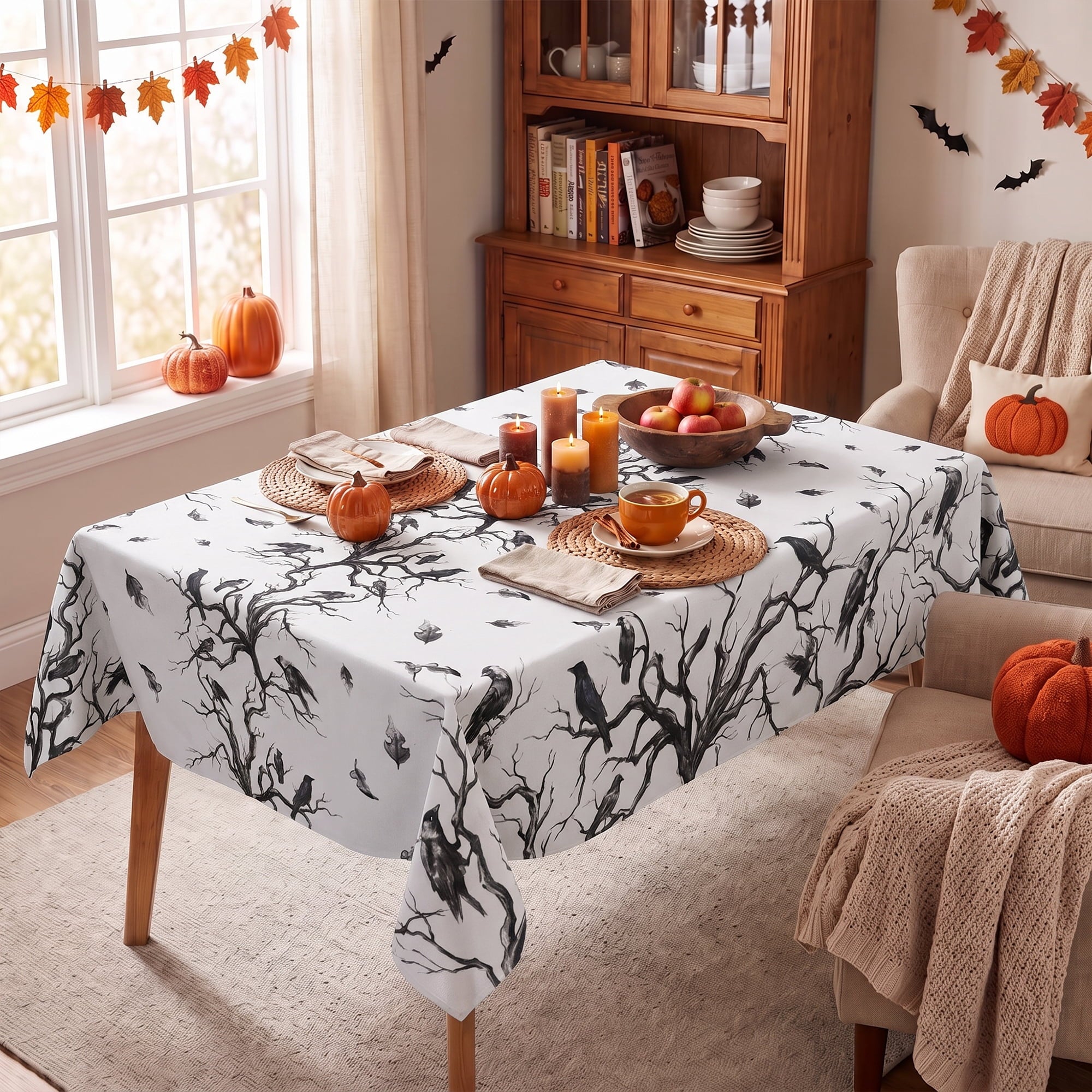 Sm:)e Crow Haunted Tree Halloween Tablecloth 60x84 Inch, Machine Washable Table Cover for Dinner/Party Decoration/Holiday
