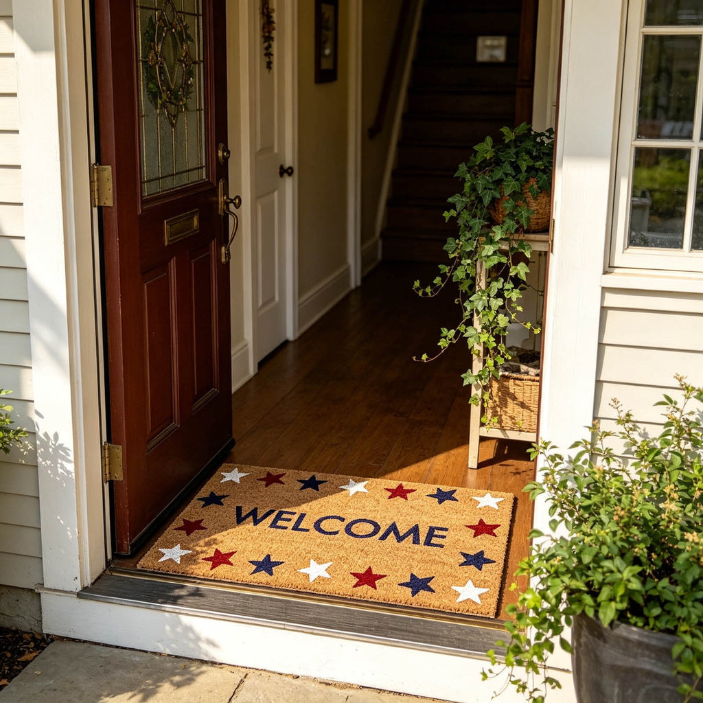 Patriotic Door Mat 4th of July Bow Flag Floor Doormats Independence Day Star Welcome Non Slip Mats for Front Porch Decor 16*24in Black