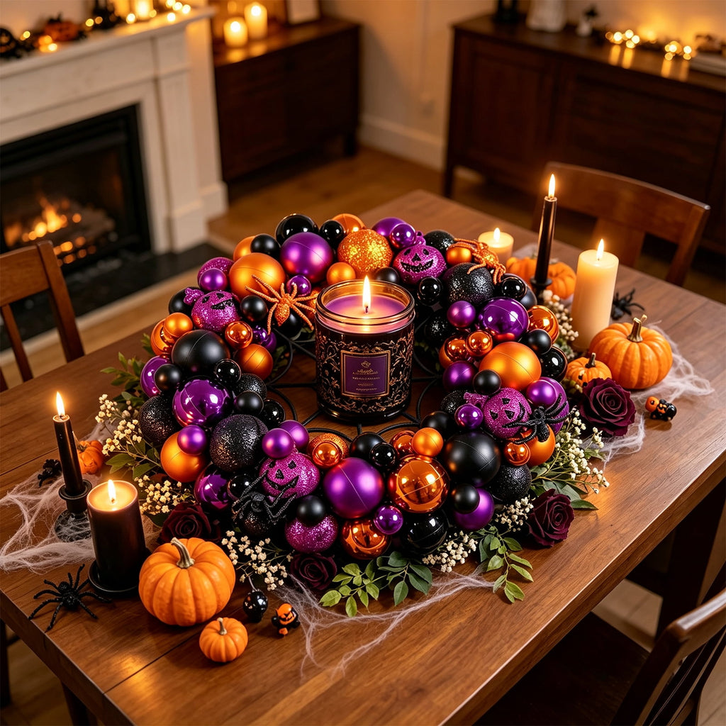 Godance 16 Inch Halloween Ball Wreath for Front Door, Halloween Wreath with Fake Pumpkins Spider, Shatterproof Treat-or-Trick Front Door Wreaths, Purple/Black Ball Ornament for Wall Front Door