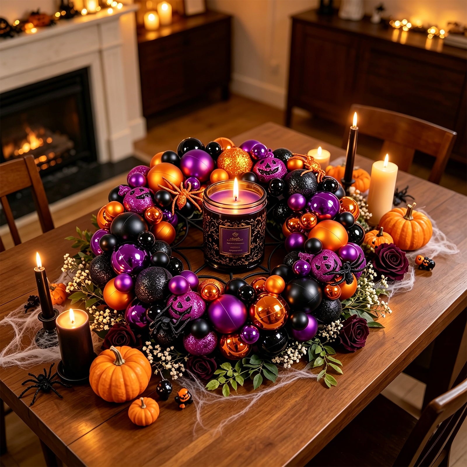 Godance 16 Inch Halloween Ball Wreath for Front Door, Halloween Wreath with Fake Pumpkins Spider, Shatterproof Treat-or-Trick Front Door Wreaths, Purple/Black Ball Ornament for Wall Front Door