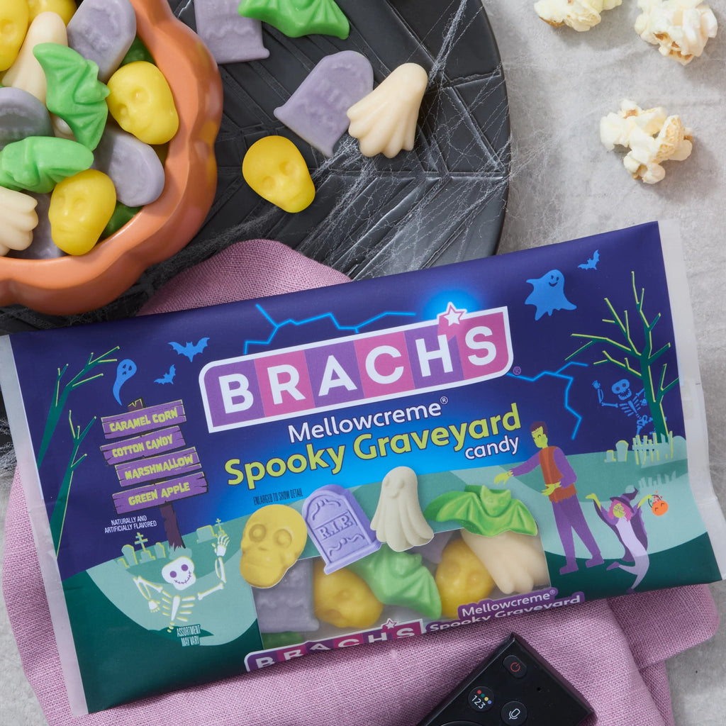 Brach's Mellowcreme Spooky Graveyard Halloween Candy, 4 Flavors and 4 Shapes, 8 oz Bag