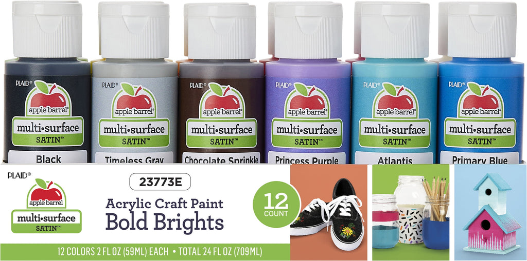 Apple Barrel Multi-Surface Acrylic Craft Paint Set, Bold Brights, 2 fl oz, 12 Piece