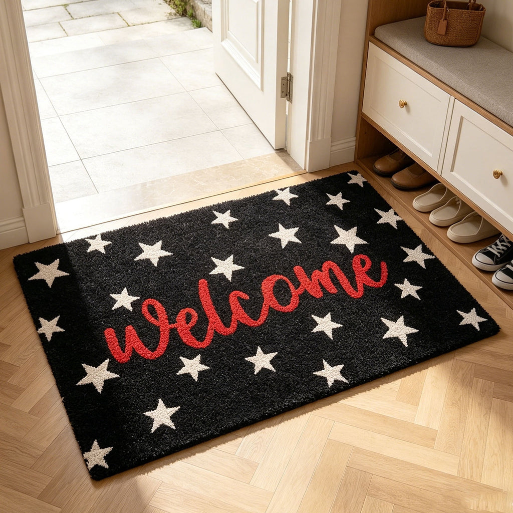 Patriotic Door Mat 4th of July Bow Flag Floor Doormats Independence Day Star Welcome Non Slip Mats for Front Porch Decor 16*24in Black