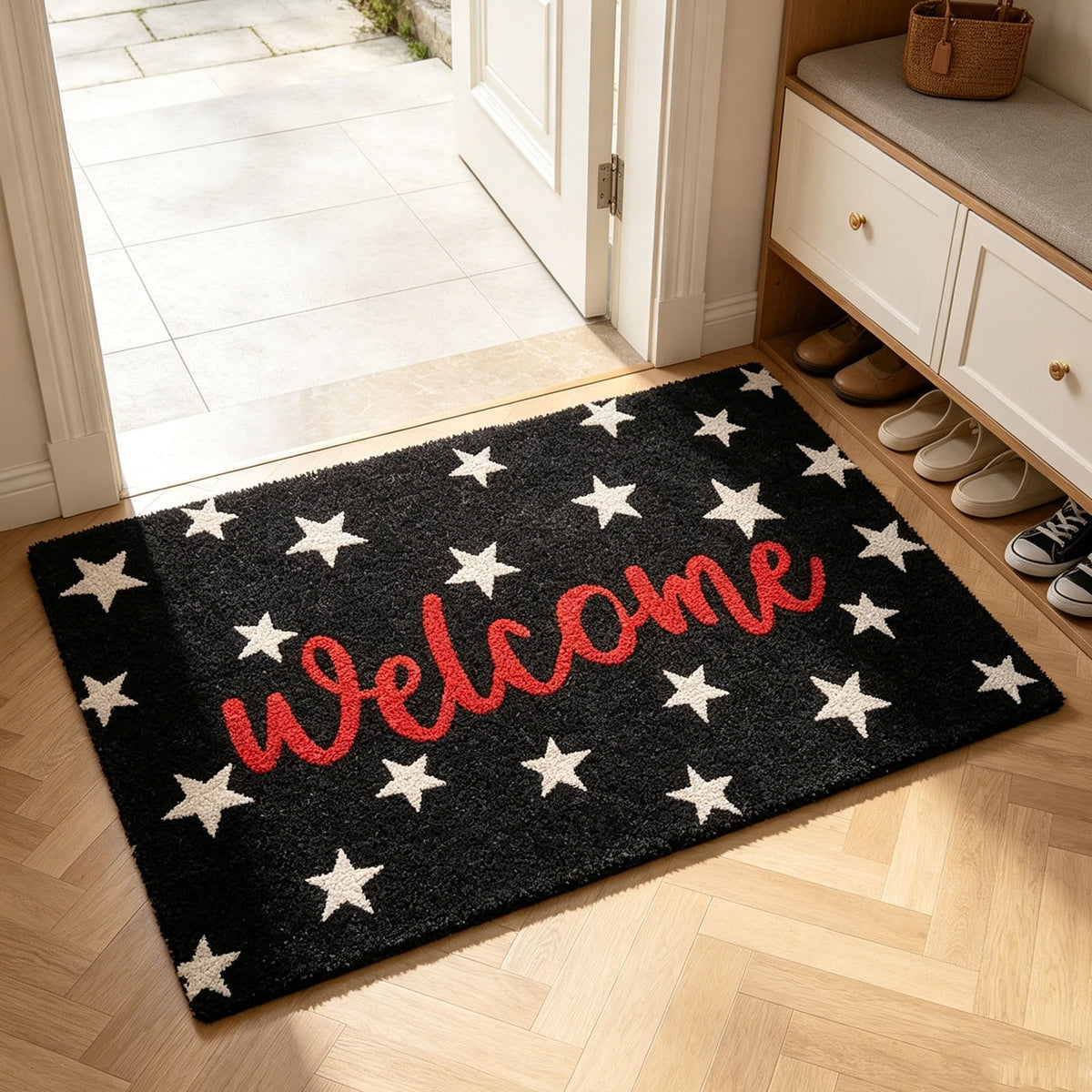Patriotic Door Mat 4th of July Bow Flag Floor Doormats Independence Day Star Welcome Non Slip Mats for Front Porch Decor 16*24in Black