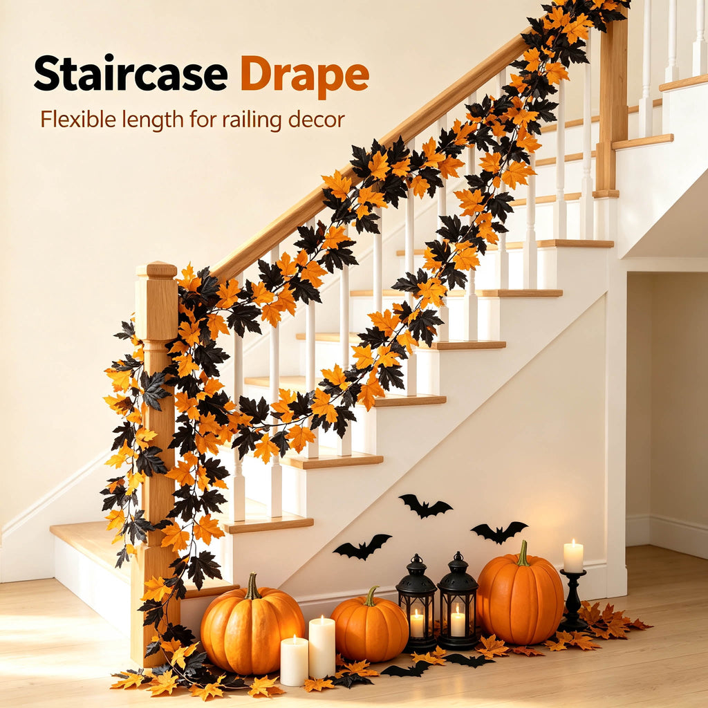 WKSCLPAI Halloween Maple Leaf Garland, Fall Vine Wreaths for Autumn Festivities Decor,Seasonal Garlands for Home,Halloween & Fall Decorations