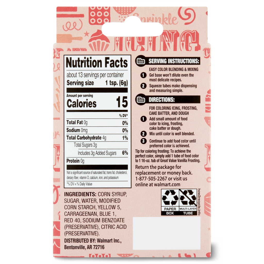 Great Value Gel Food Colors, Classic Colors, 2.7 oz
