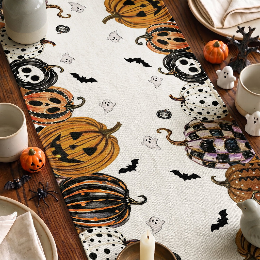 Sm:)e Halloween Table Runner Ghost Pumpkin 13x72 Inch, Halloween Party Kitchen Dining Indoor Outdoor Decorations,Orange